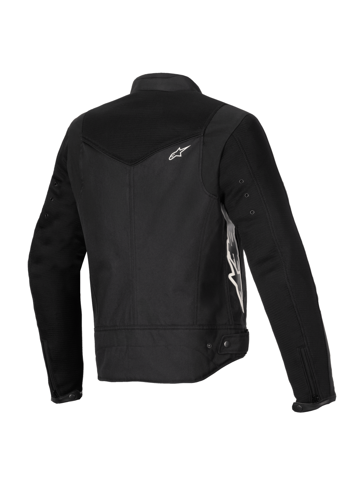 Veste Alpinestars Stella T-Dyno Air, veste de moto pour femme, noire, vue de trois-quarts arrière présentant des panneaux en maille 3D étendus sur le joug et les manches, logo Alpinestars blanc, et construction textile ajustée pour la conduite estivale