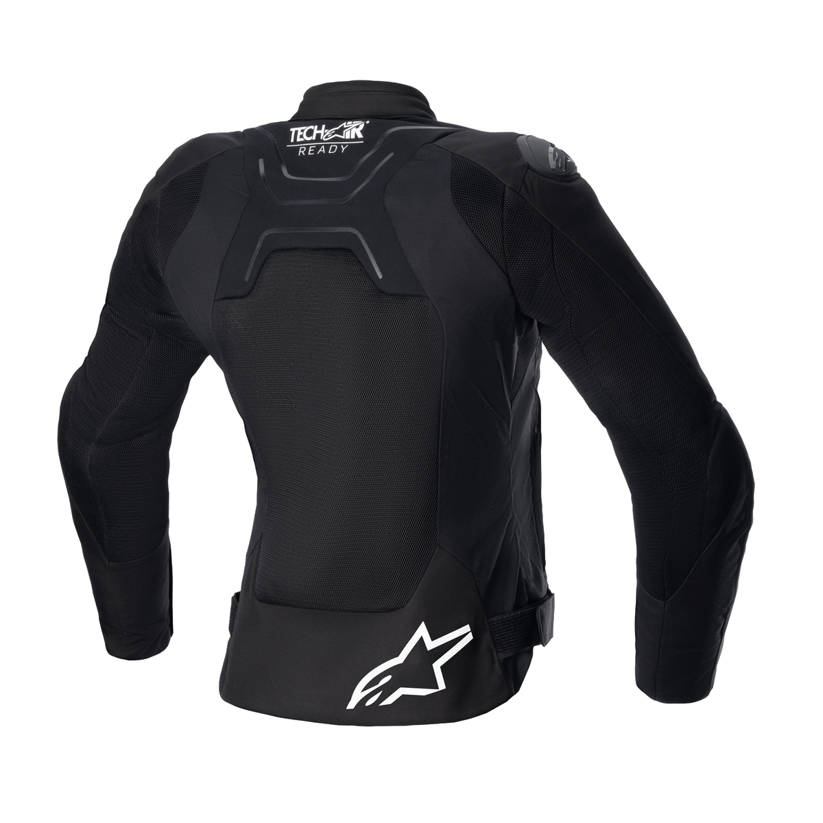 Veste Alpinestars Stella SMX Air pour femme, vue arrière, noir, dotée de panneaux en mesh dans le dos pour la circulation de l'air, marquage Tech-Air Ready sur le haut du dos, logo étoile Alpinestars blanc sur le bas du dos, sangles de réglage à la taille, veste de moto textile sport urbain