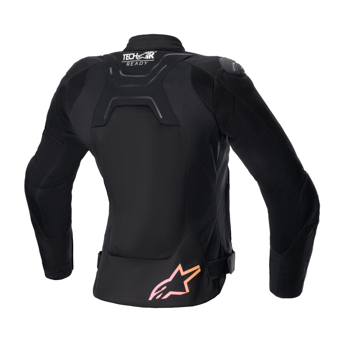 Veste Alpinestars Stella SMX Air pour femme, vue arrière, noire avec panneaux en maille, logo « Tech-Air Ready » sur le haut du dos et logo étoile avec dégradé du rose à l'orange en bas, veste de moto sportive protectrice