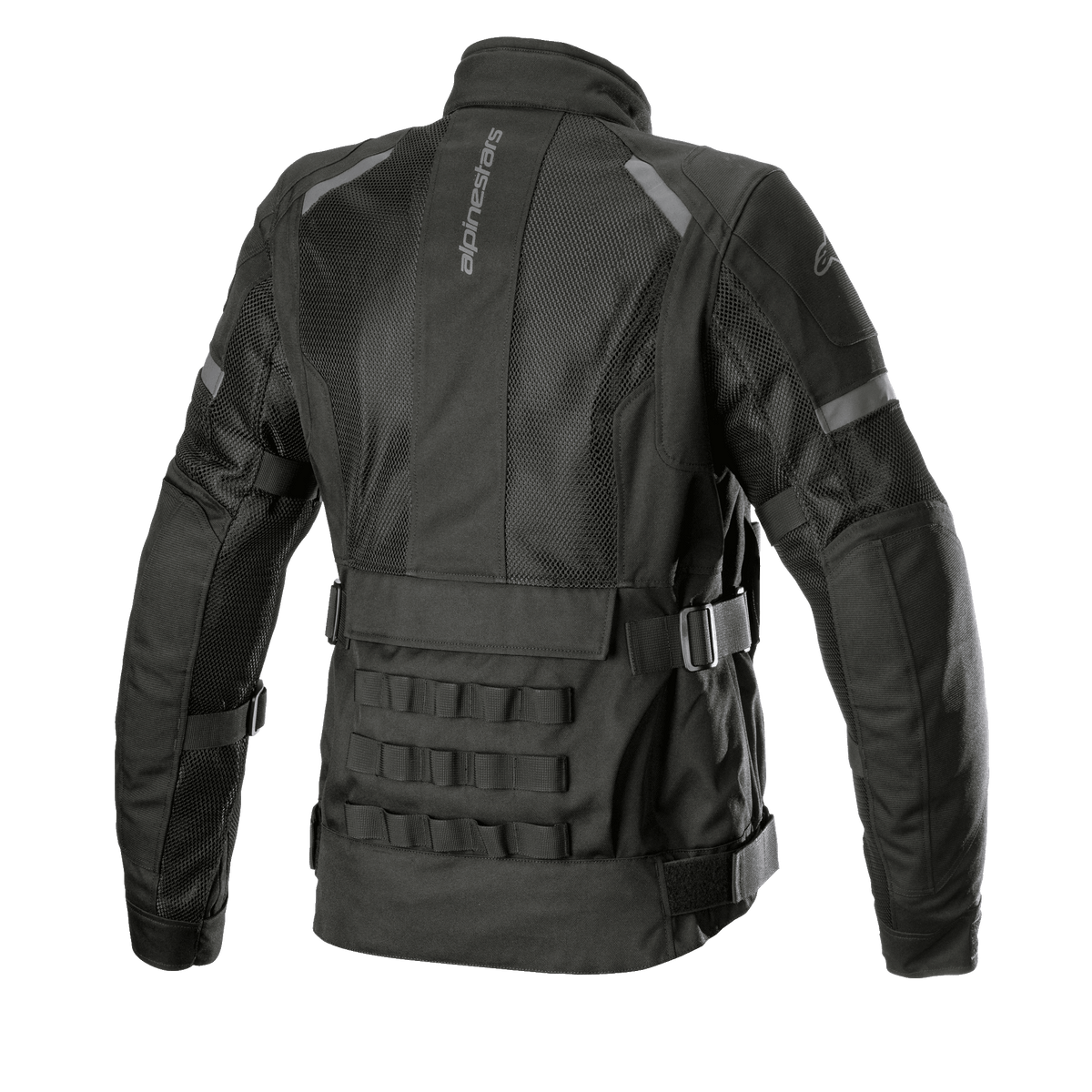 Veste Alpinestars Stella Crosshill WP Air pour femme, veste de moto touring, noire, vue arrière montrant de grands panneaux en mesh pour la circulation de l'air, sangles modulaires PALS d'inspiration militaire sur le bas du dos et sangles de réglage du volume à la taille et aux bras.