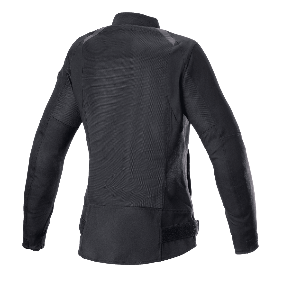 Veste Air Alpinestars Eloise V2 pour femme, noir, vue arrière d'une veste de moto de style bomber, larges panneaux en mesh pour le refroidissement, profil arrière allongé, construction durable en poly-tissu 600D et maille