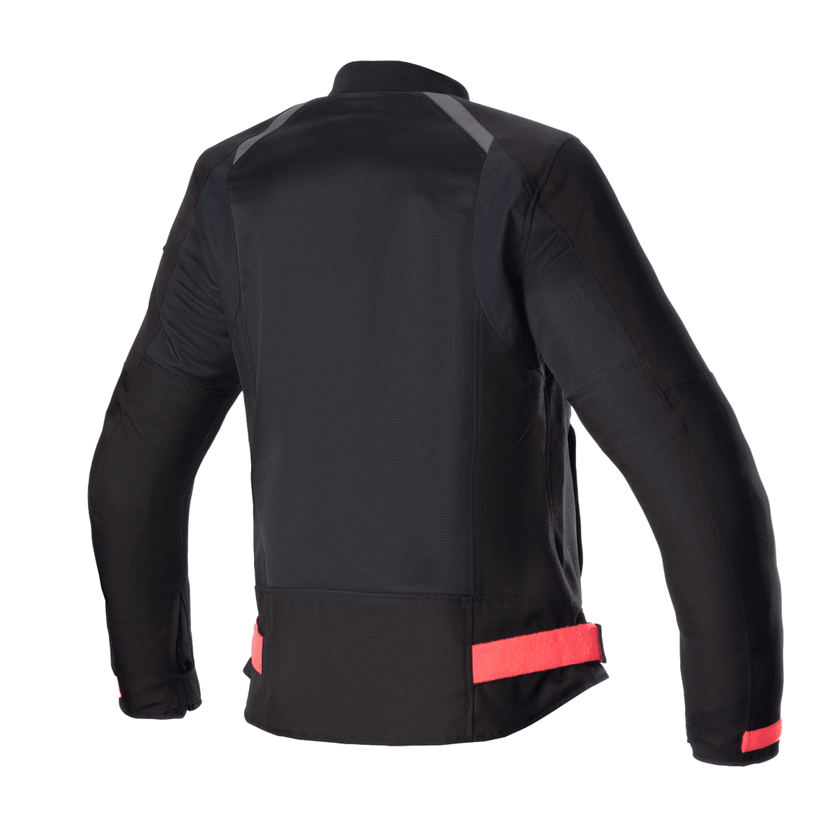 Alpinestars Eloise V2 Women's Air Jacket, veste de moto pour femme, noire avec accents Diva Pink, vue arrière montrant de larges panneaux en maille pour la circulation de l'air, sangles de taille roses ajustables et profil arrière allongé pour le confort de conduite