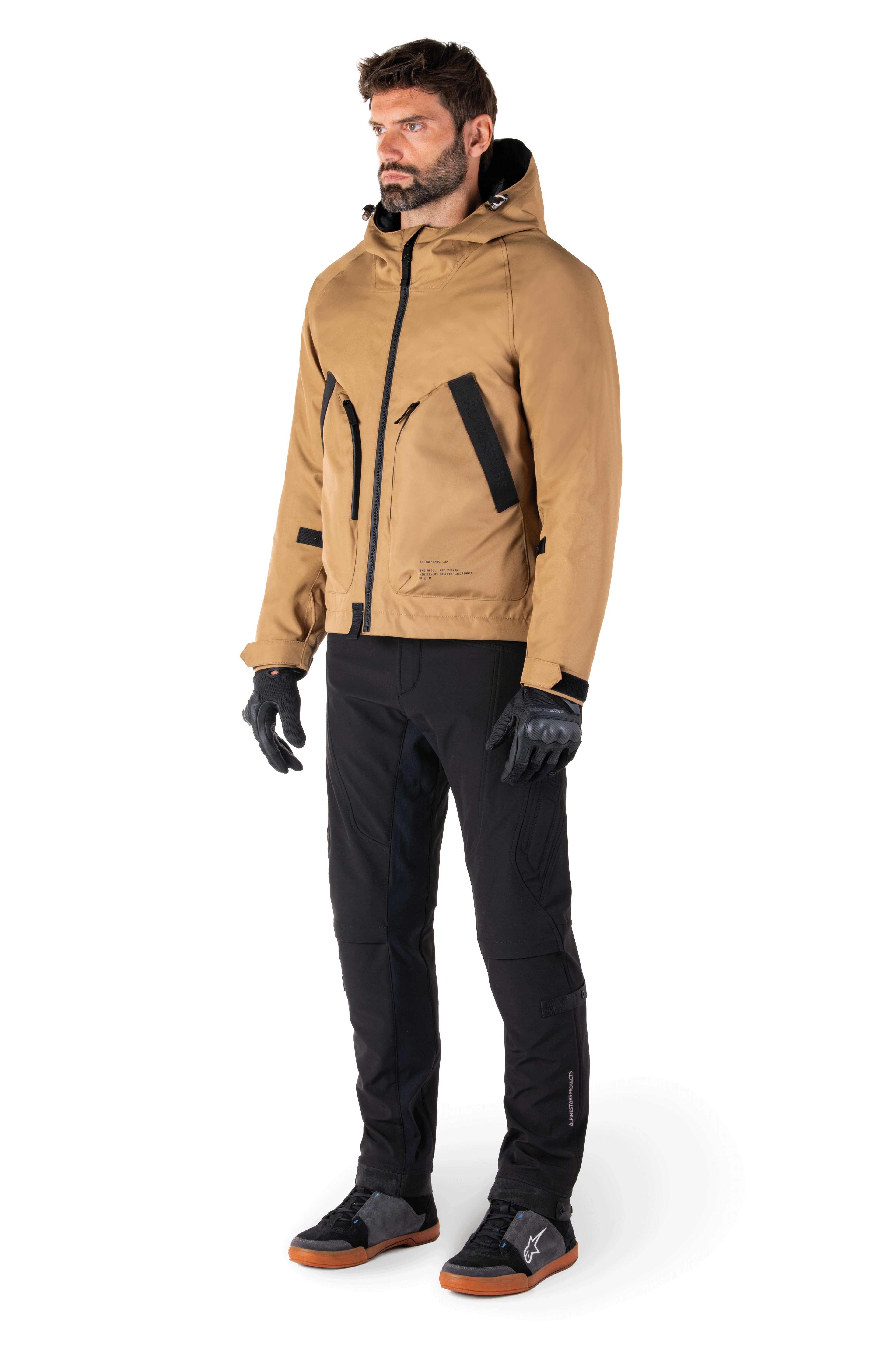 Pantalon Alpinestars Alden, pantalon de moto urbain, noir, textile softshell à 3 couches avec détails matelassés sur les jambes et la taille, pantalon de moto à coupe régulière inspiré du streetwear