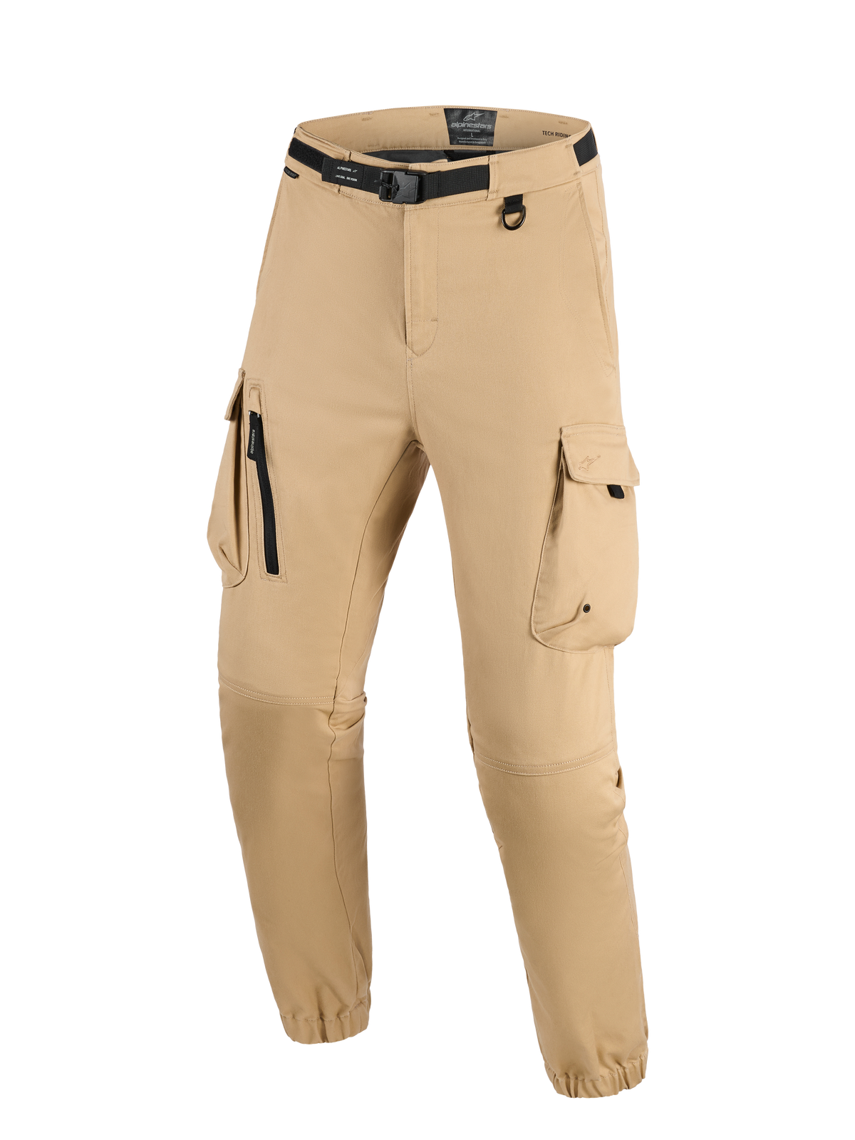 Alpinestars Flex-AST Cargo Pants, Light Beige, technical urban motorcycle pants featuring an integrated black belt with buckle, large cargo pockets with zip and flap details, D-ring, and elasticated hems, modern rugged style for riding.