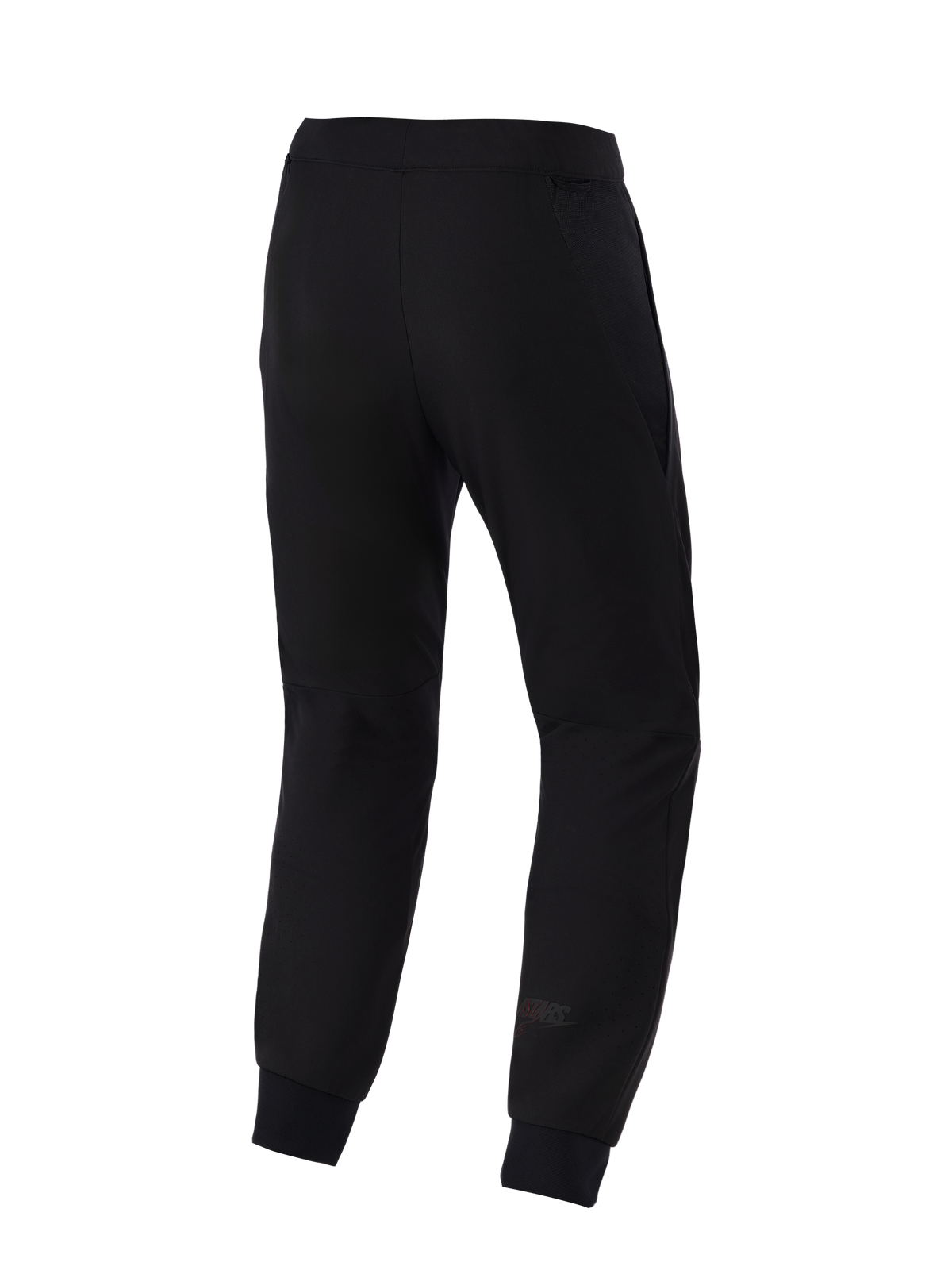 Alpinestars Aeroshell Airflow Pants, pantalon de moto, noir, vue de dos présentant un châssis softshell extensible léger, des panneaux en maille 2D intégrés pour la respirabilité, des zones perforées au laser au niveau des mollets et un logo Astars discret sur le bas de la jambe.