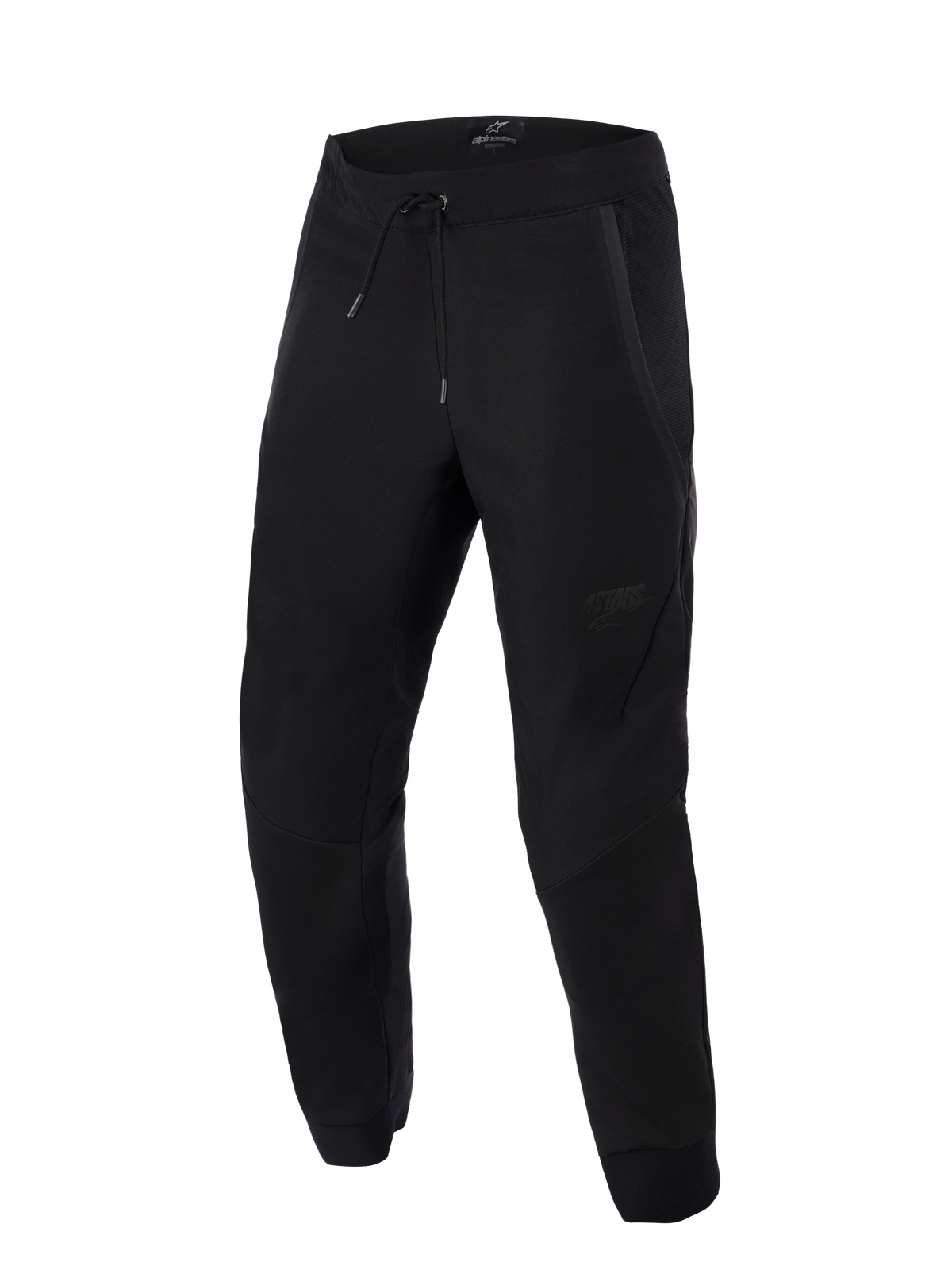Alpinestars Aeroshell Airflow Pants, noir, pantalon de moto sport et touring léger, avec de larges panneaux en maille pour la ventilation, taille élastique à cordon de serrage, jambes pré-courbées et logo discret ton sur ton sur la cuisse.