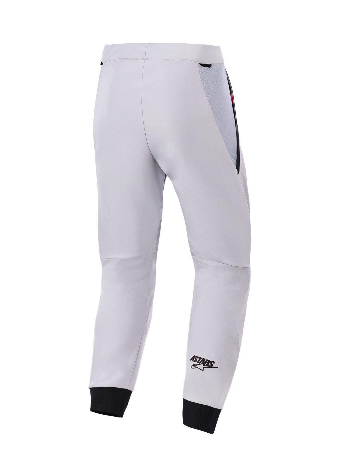 Alpinestars Aeroshell Airflow Pants, Back View, Mid Gray, technical softshell motorcycle pants, featuring black mesh hip panels and elastic cuffs, black ASTARS logo on the lower leg, lightweight and ventilated sport design