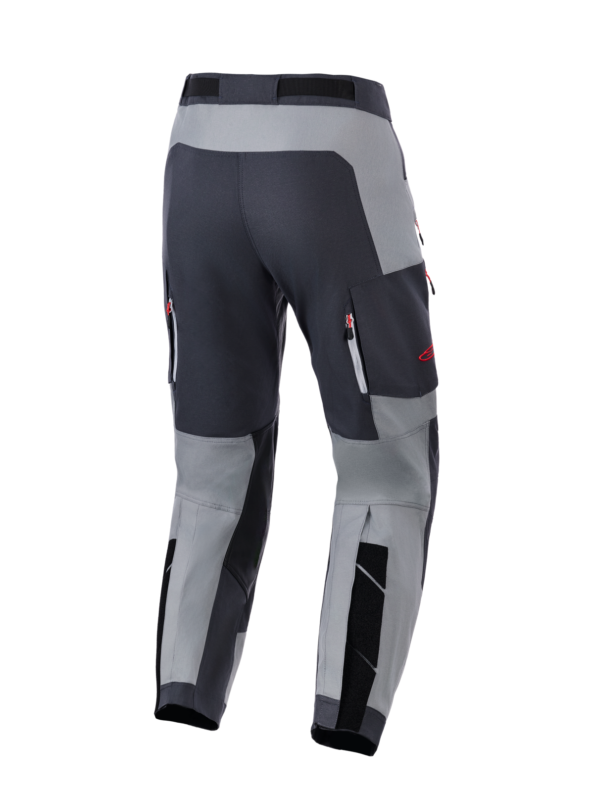 Alpinestars Maxdura Dual Pants, pantalon de moto aventure, Gris foncé et Gris profond, vue arrière montrant l'assise renforcée et les poches de ventilation zippées avec des touches de rouge, conçu pour la performance dual-sport.