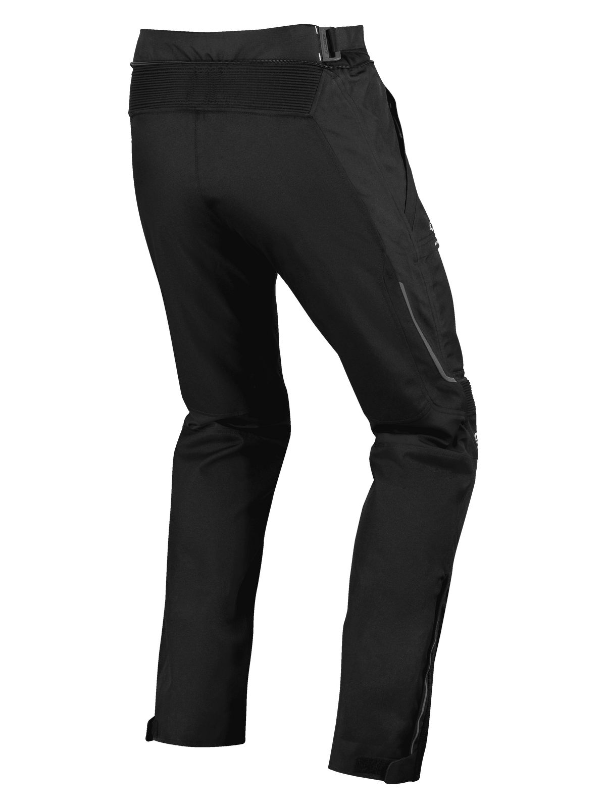 Alpinestars Ramjet Air Pants, pantalon de moto de route, noir, vue arrière avec empiècement stretch en accordéon à la taille, construction textile multi-panneaux et soufflets de jambe zippés pour un ajustement sûr.
