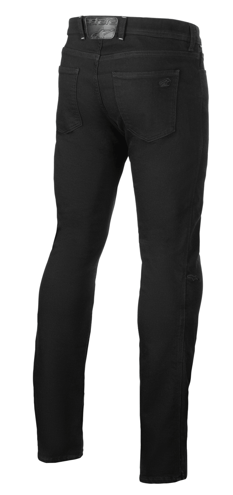Alpinestars Cult-8 Stretch Denim, Black Rinse, vue arrière de jean de moto, coupe droite regular fit, avec poches arrière et écusson logo en cuir embossé sur la ceinture, style urbain décontracté.