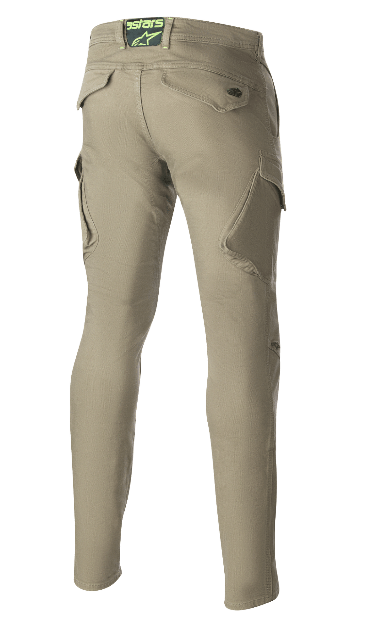 Alpinestars Caliber Slim Fit Tech Riding Pants, Military Green, rear view showing angled cargo pockets and slim tapered silhouette, features Astars logo on back waistband, durable urban combat style motorcycle pants