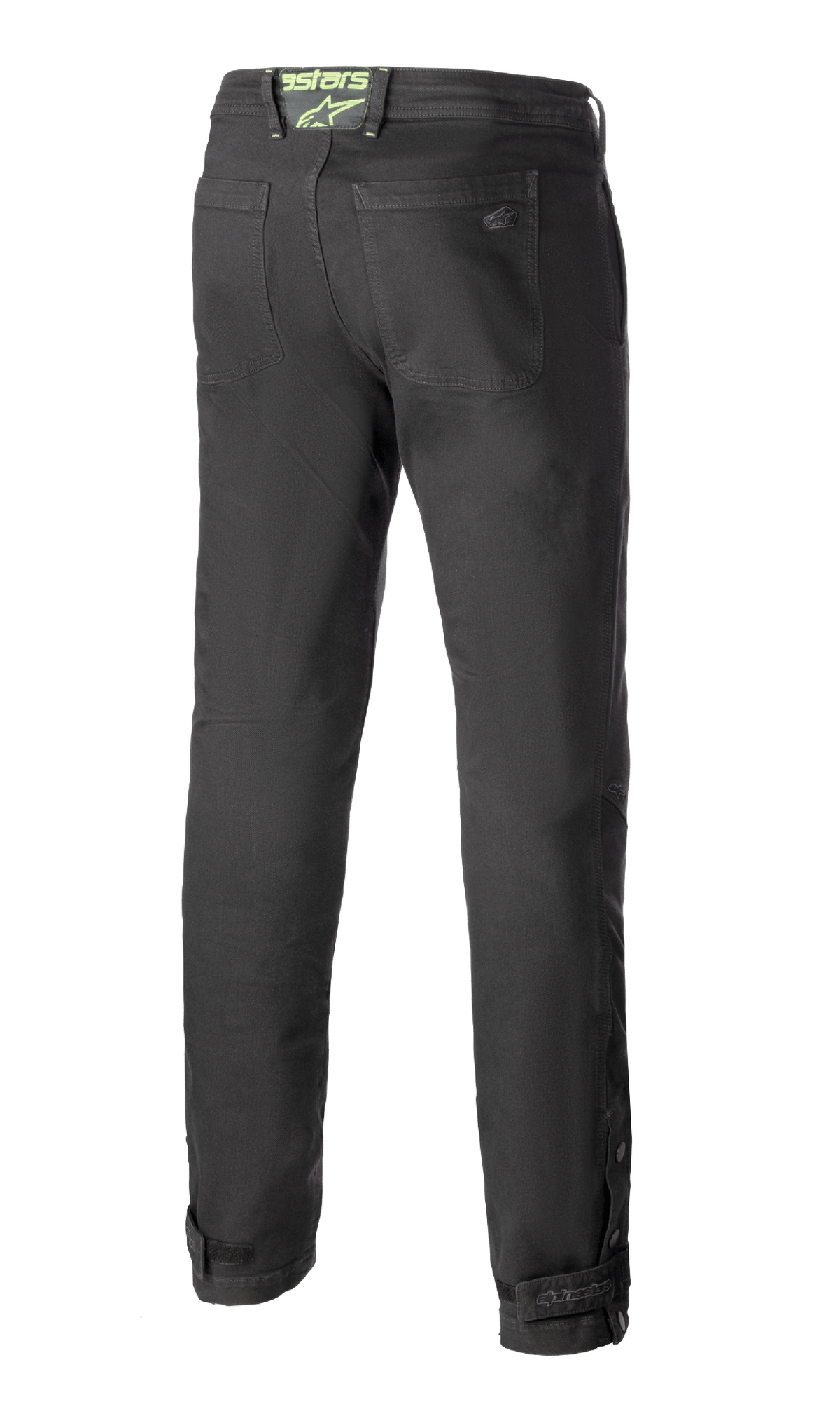 Pantalon de moto Alpinestars Stratos Regular Fit Tech, gris anthracite, vue de dos présentant une coupe fuselée, des poches arrière, le logo Alpinestars vert fluo sur la ceinture et des fermetures réglables aux mollets