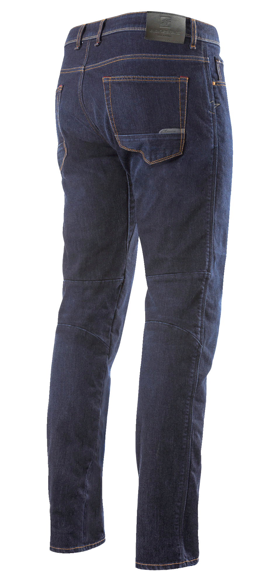 Pantalon Denim Radium Alpinestars, jean de moto, bleu foncé, vue arrière complète, design classique à cinq poches avec écusson logo aspect cuir à la taille, coupe de jambe arrière optimisée pour un confort de conduite ergonomique.