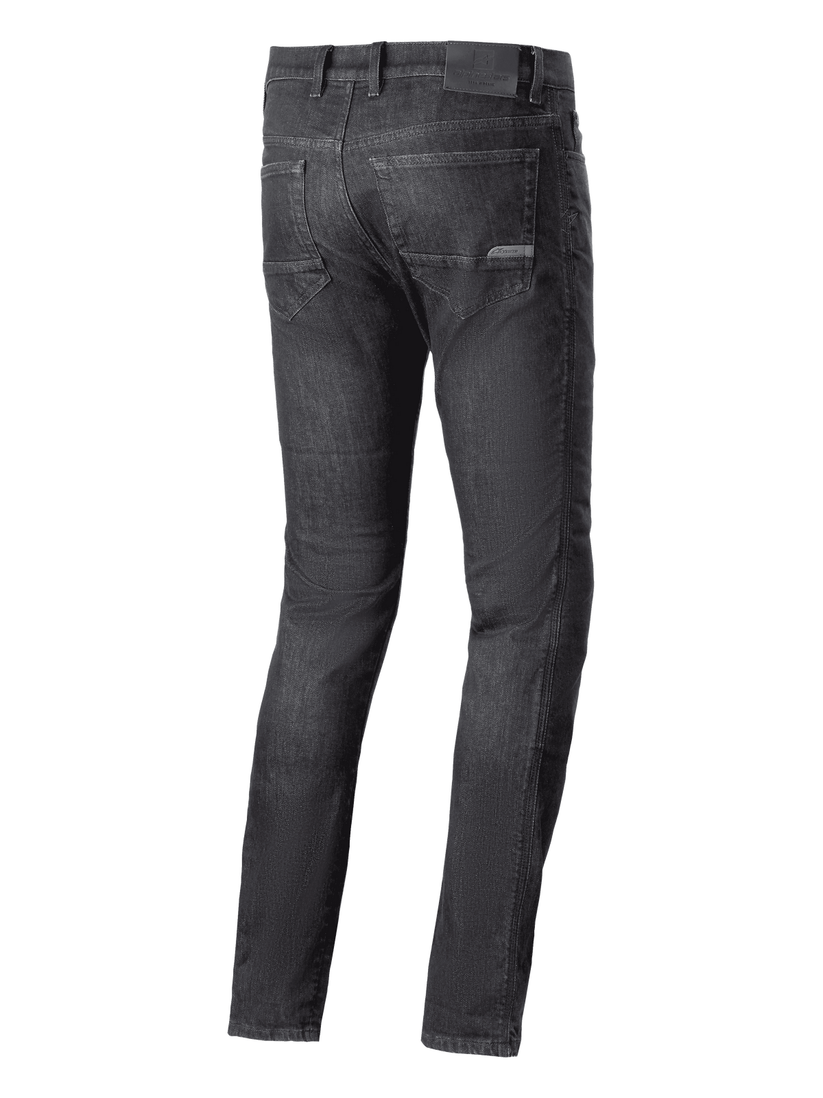 Alpinestars Cerium Denim Tech Riding Pants, Motorcycle Riding Jeans, Black Washed, rear view featuring back pockets and logo patch on the waistband, casual urban riding style