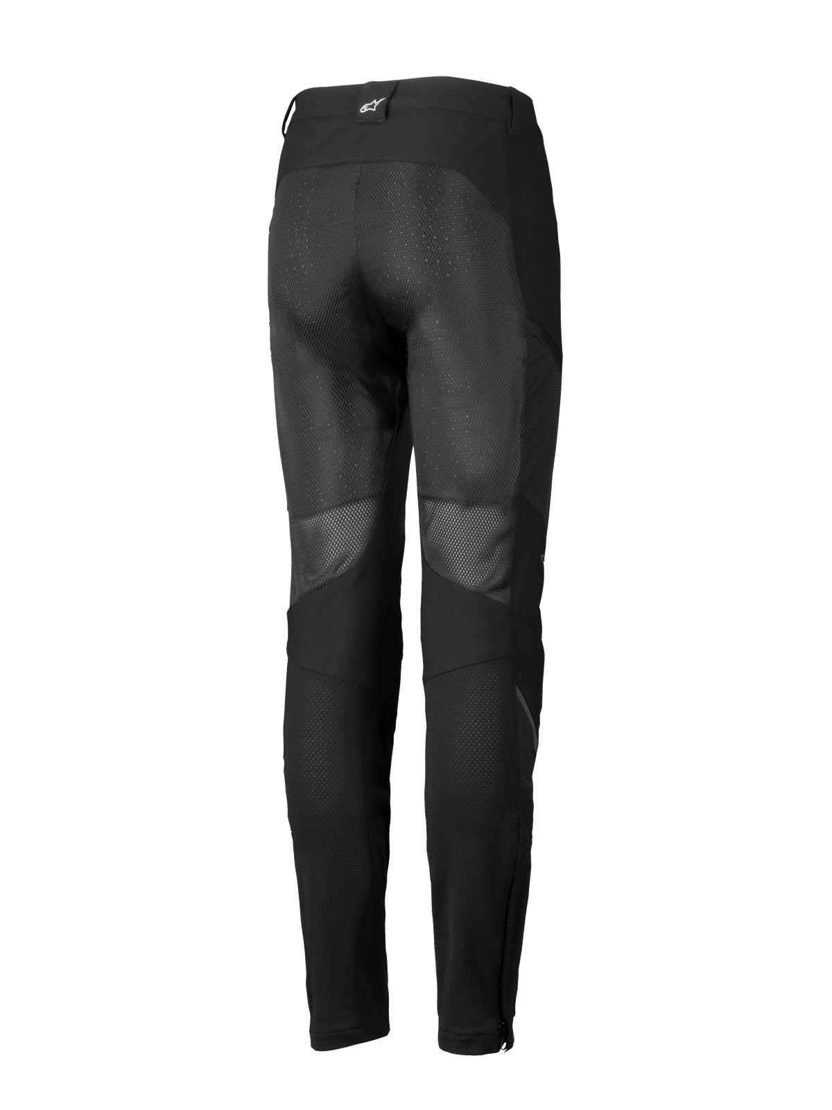 Pantalon Alpinestars Stella Troop-Air, pantalon de moto pour femme, noir, vue arrière présentant de larges panneaux de ventilation en maille à l'arrière des jambes, construction textile et petit logo blanc sur le passant de ceinture arrière.
