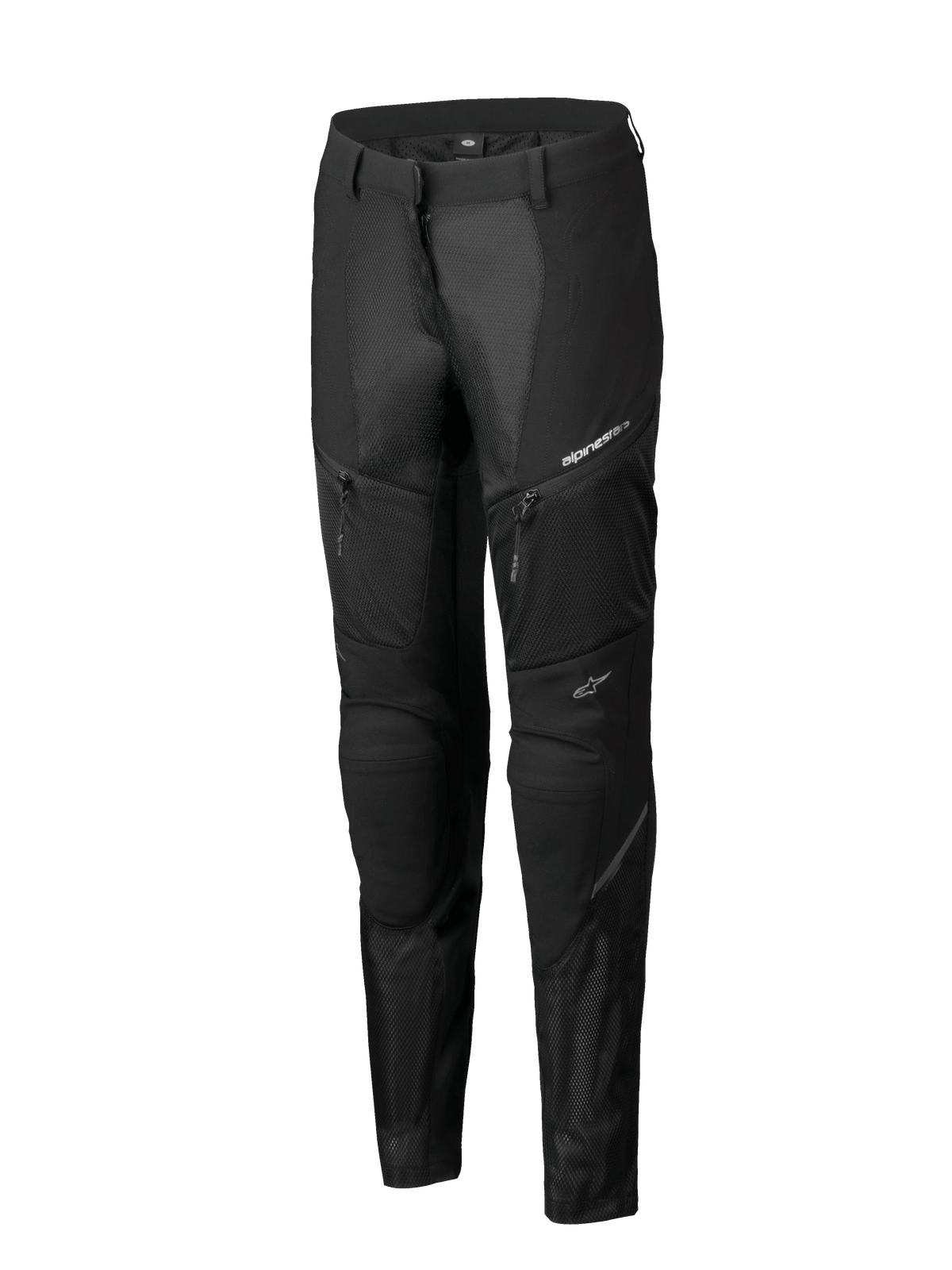 Pantalon Alpinestars Stella Troop-Air, pantalon de moto pour femme, noir, doté de larges panneaux de ventilation en mesh, de poches zippées et d'un design technique à coupe sportive avec logos Alpinestars blancs