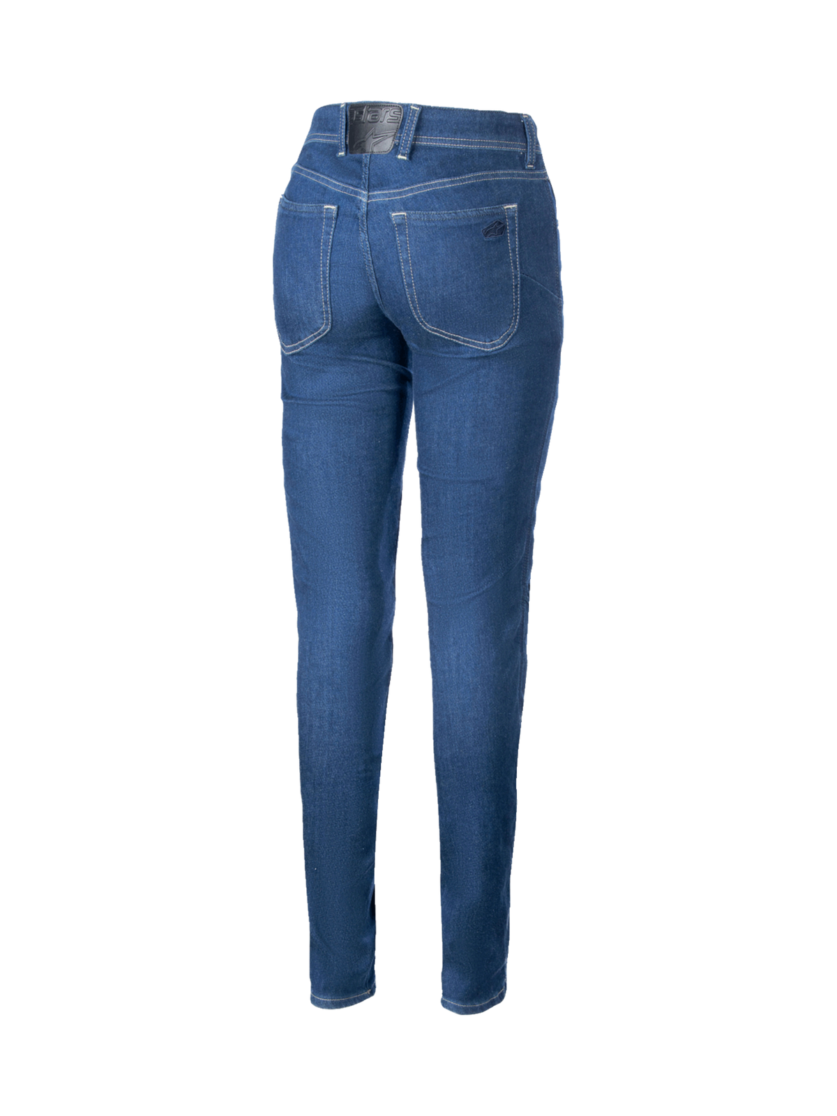 Alpinestars denim de moto Daisy V3, pantalon de moto pour femme, bleu, coupe ajustée avec taille haute, vue de dos montrant les poches arrière et le logo, renforts en aramide pour la conduite urbaine