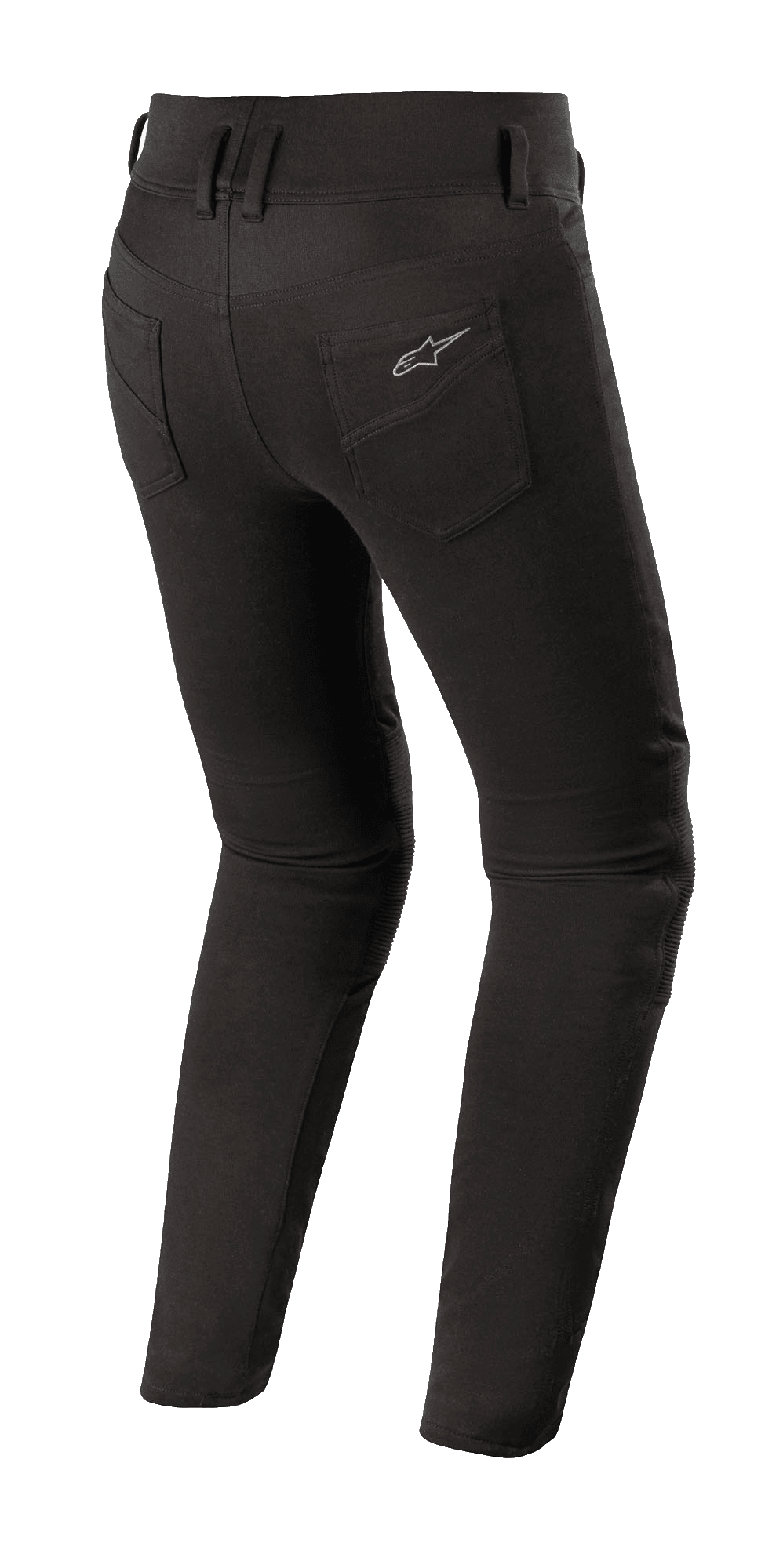 Leggings femme Alpinestars Banshee, leggings de moto noirs, vue arrière avec coupe près du corps, poches arrière avec logo Alpinestars, tissu extensible anatomique pour un usage routier urbain