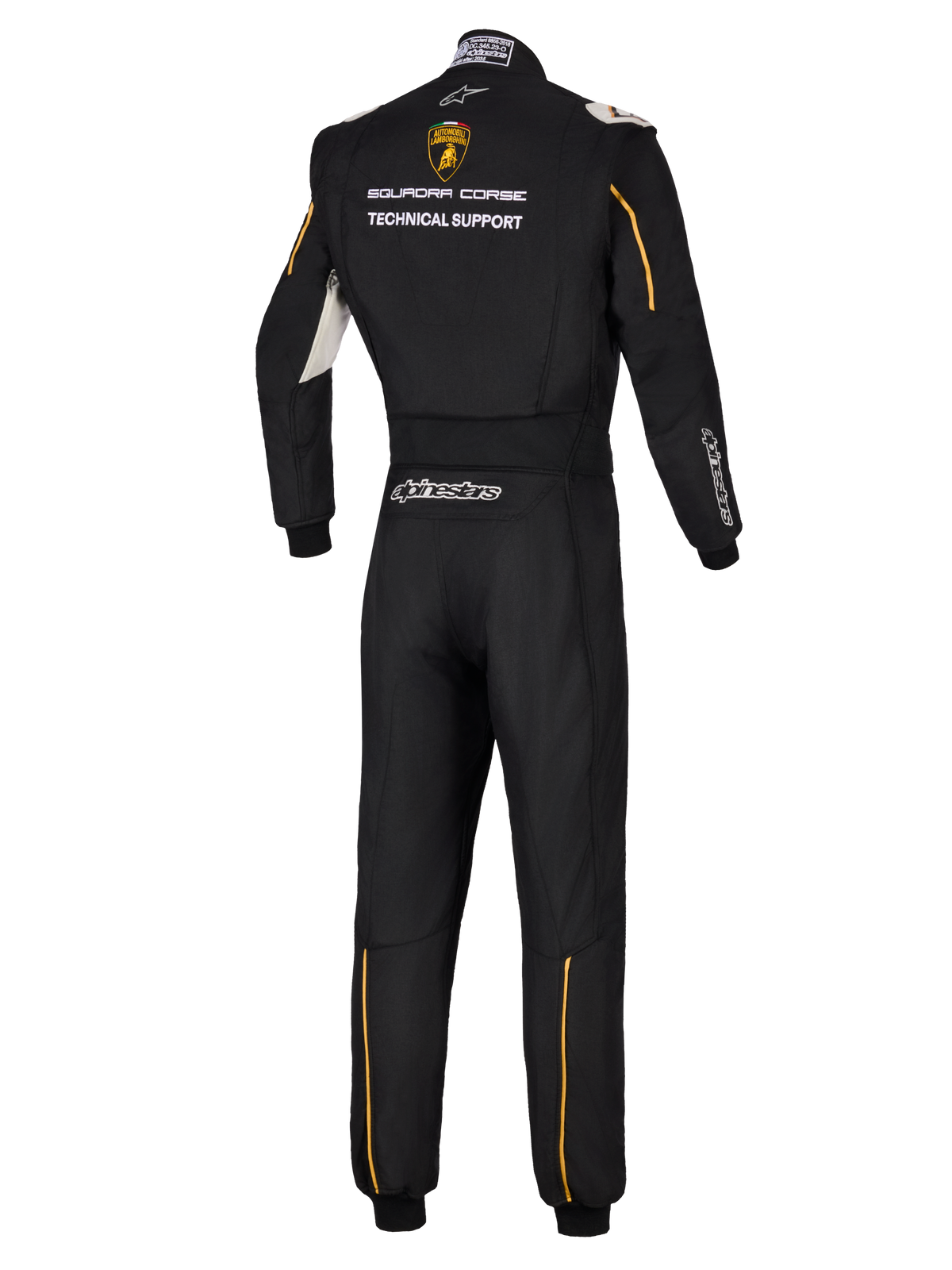 Alpinestars Limited Edition Lamborghini GP Tech V4 Suit FIA, back view of professional black auto racing suit, featuring Lamborghini Squadra Corse logo and Technical Support text, gold accents and silver Alpinestars branding.