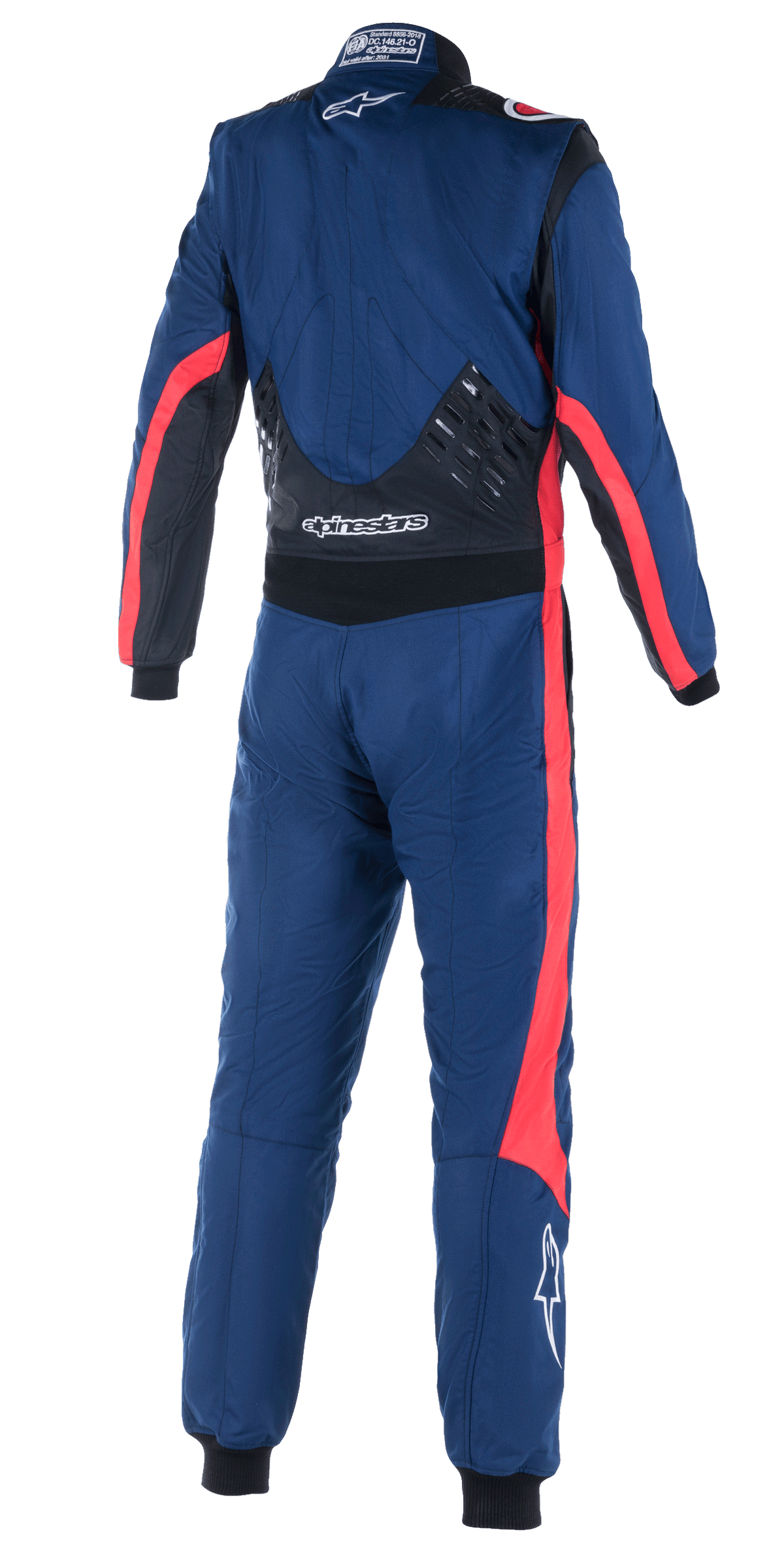 Combinaison Alpinestars GP Pro Comp V2 FIA, vue arrière d'une combinaison de course automobile une pièce, bleu marine avec des accents noirs et rouges, dotée de panneaux de préhension en silicone dans le bas du dos, bandes de course rouges sur les manches et les jambes, logo Alpinestars blanc, équipement de performance professionnel