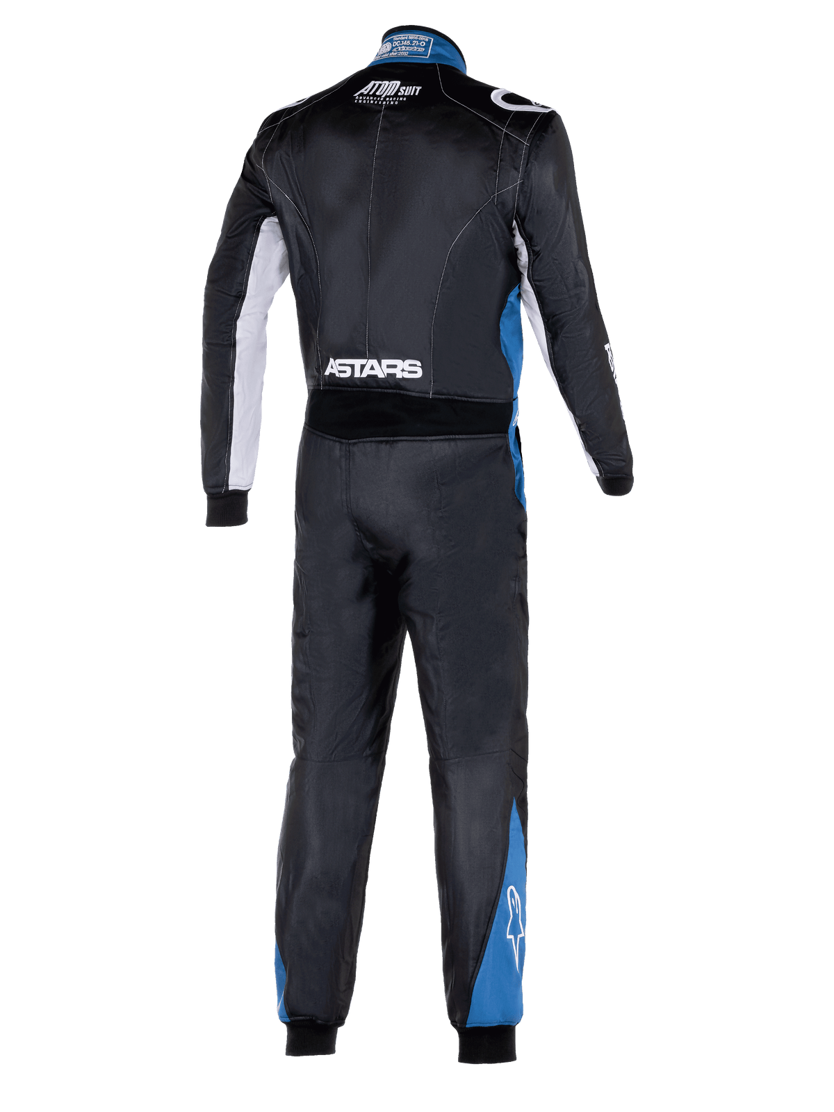 Combinaison Alpinestars Atom Graphic 4, vue arrière complète d'une combinaison de course automobile, noire avec accents argentés et bleus, logo ASTARS blanc à la taille et panneaux bleus sur les jambes, équipement de protection de sport automobile professionnel certifié FIA