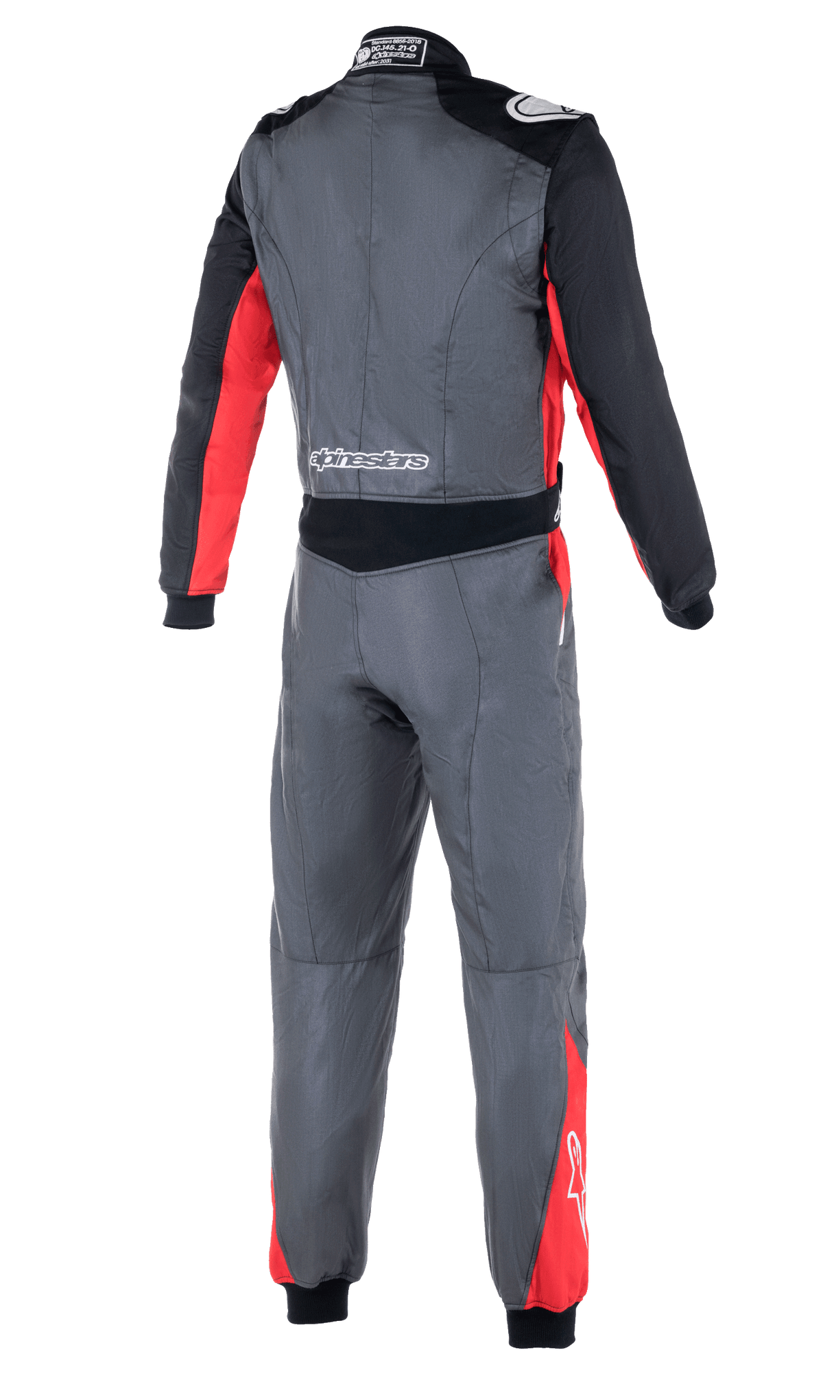 Combinaison Alpinestars Atom FIA, combinaison de course automobile, anthracite, rouge et noir, vue arrière montrant les panneaux extensibles à la taille, les épaulettes et le marquage Alpinestars sur le bas du dos et les épaules.