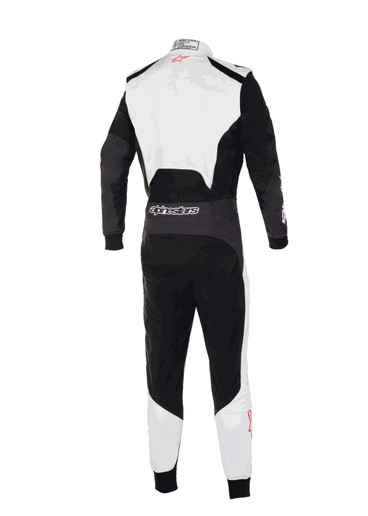 Combinaison Alpinestars KMX-5 V3, vue arrière d'une combinaison de karting professionnelle, blanc, noir et rouge éclatant, avec le haut du dos et le bas des jambes blancs et des panneaux principaux noirs, logo Alpinestars à l'arrière de la taille, conception ergonomique pour la compétition.