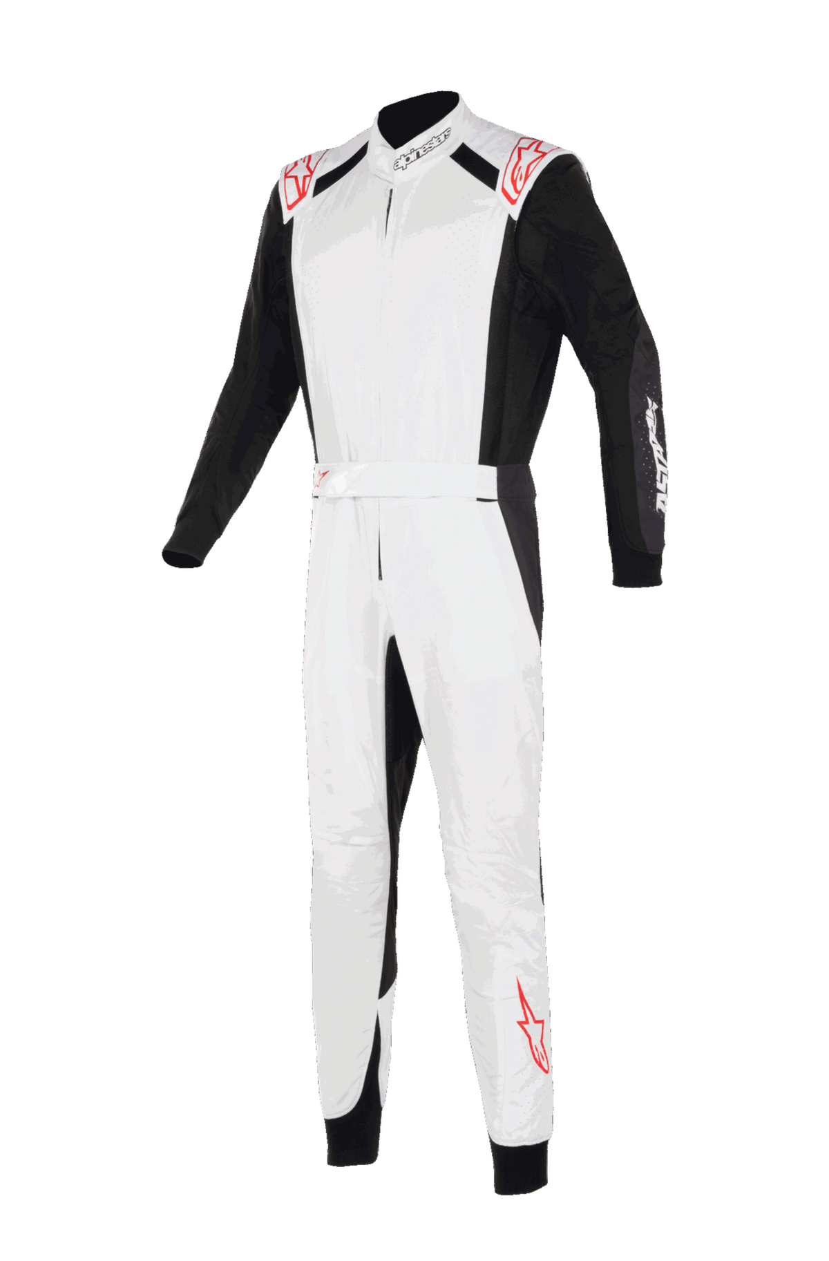 Combinaison Alpinestars KMX-5 V3, combinaison de karting, blanc, noir et rouge vif, vue de face, avec torse et jambes blancs, manches et panneaux latéraux noirs, logos étoiles rouges sur les épaules et le bas de la jambe, design de course professionnel pour le karting.