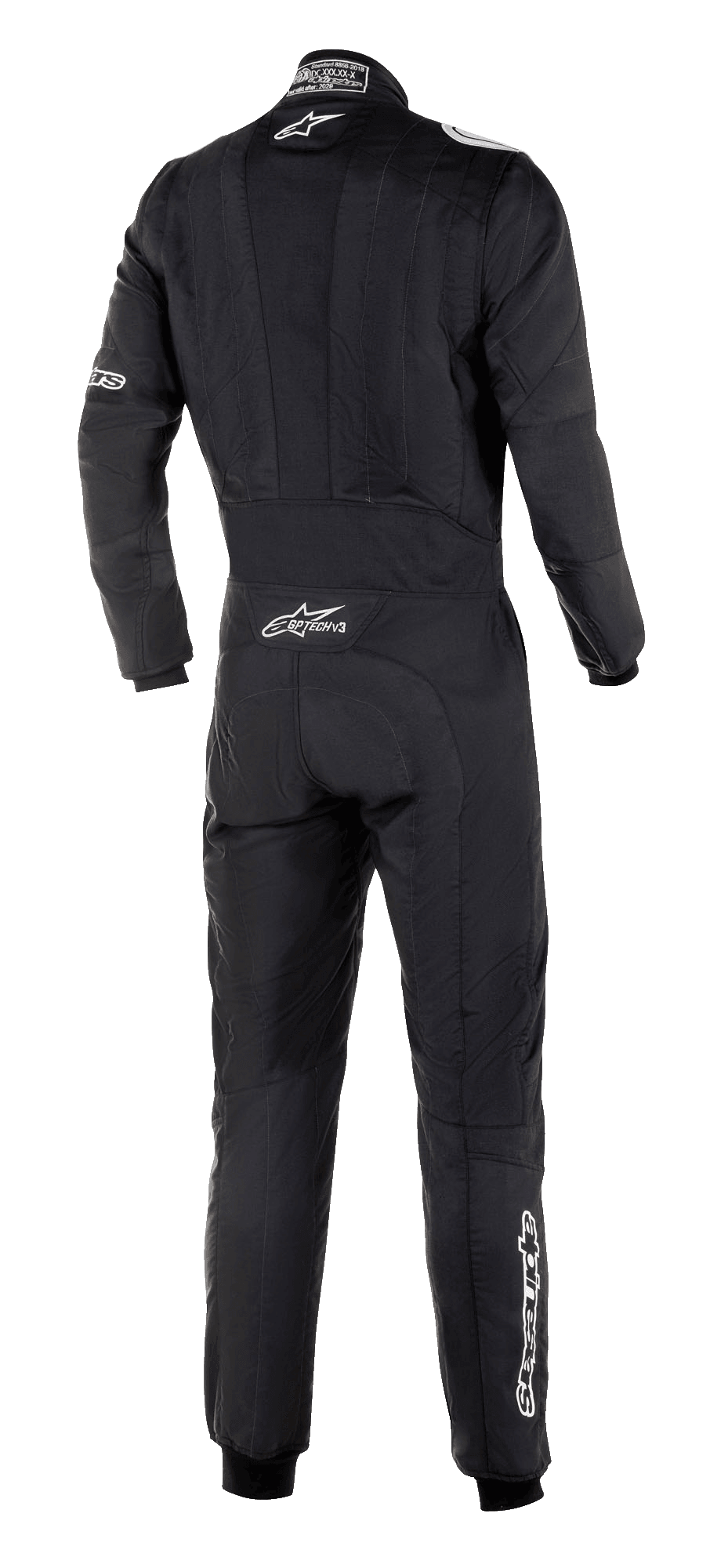 Alpinestars GP Tech V3 Suit FIA, vue arrière d'une combinaison de course automobile noire, logo Alpinestars blanc et marquage GP Tech V3 sur le bas du dos, équipement de sport automobile professionnel avec panneaux extensibles et coupe athlétique