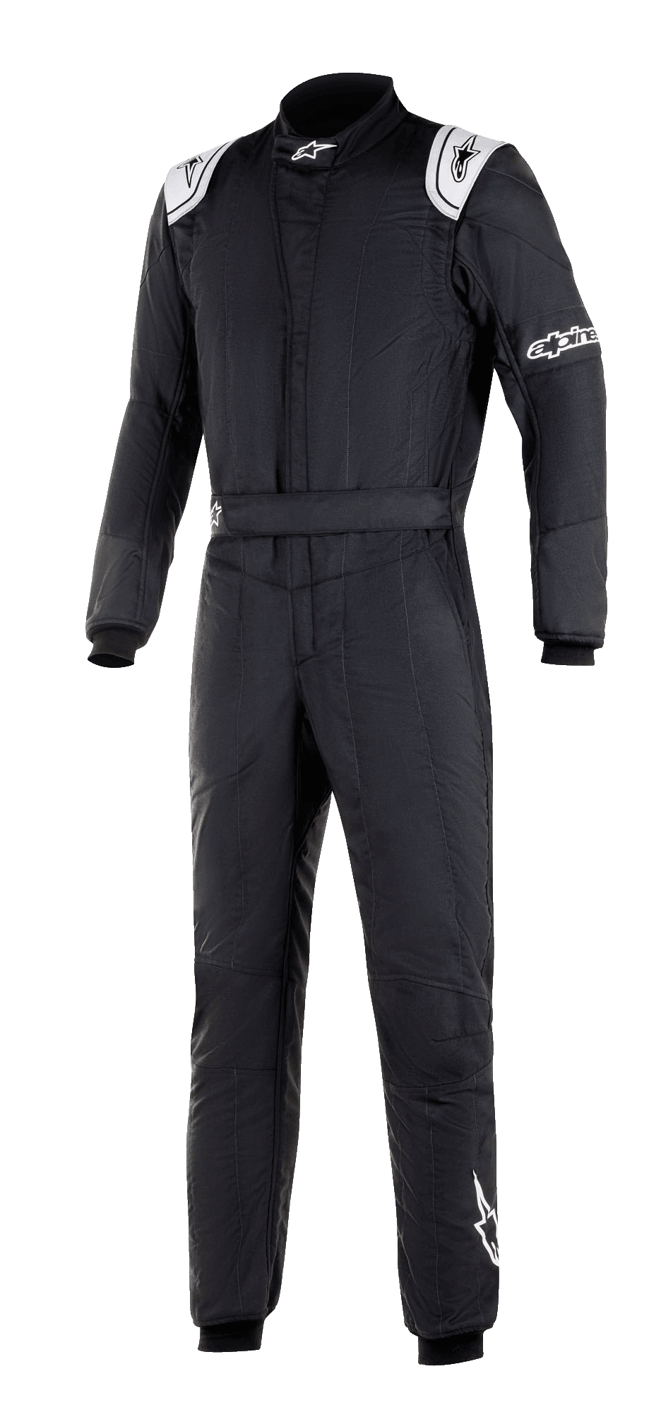 Alpinestars GP Tech V3 Suit FIA, combinaison de course automobile noire, empiècements blancs sur les épaules avec logos, col haut, marquage Alpinestars sur la manche et la jambe, équipement de sport automobile professionnel avec un design technique à panneaux