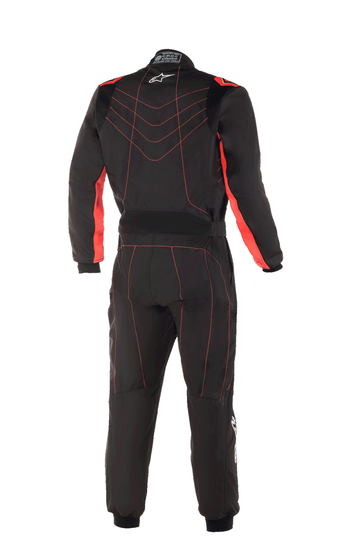 Combinaison de karting Alpinestars Youth KMX-9 V3, noir et rouge fluo, vue arrière présentant des surpiqûres rouges contrastées avec un motif en chevrons dans le dos, des panneaux rouges sur l'intérieur des bras, un petit logo étoile blanc sur le col et une ceinture réglable à la taille pour un look de course professionnel.