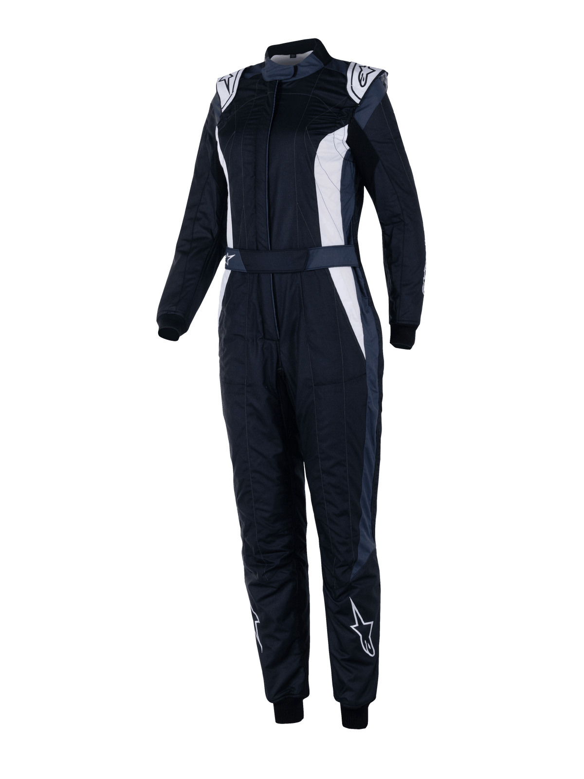 Alpinestars Stella GP Pro Comp V2 Suit, Women's FIA Racing Suit, Black Asphalt and White, long sleeves with high collar, white logos on shoulders and shins, adjustable waist belt, elastic cuffs, aerodynamic design for professional motorsport racing