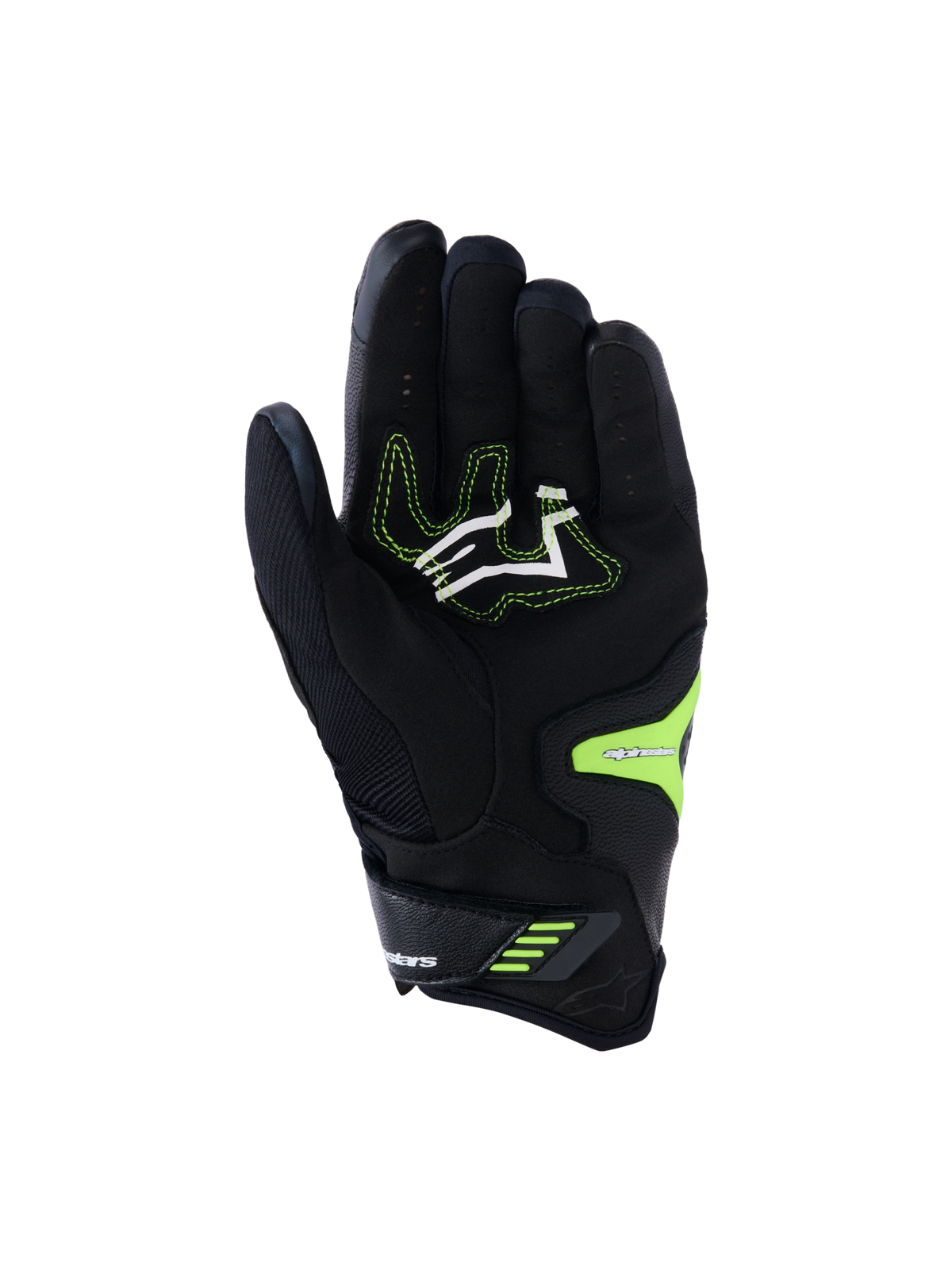 Gants Alpinestars SP-R Pro, noir et jaune fluo, vue de la paume avec zones de préhension en cuir synthétique renforcé, logo blanc avec coutures jaune néon et fermeture sécurisée au poignet, conçus pour la performance moto sportive