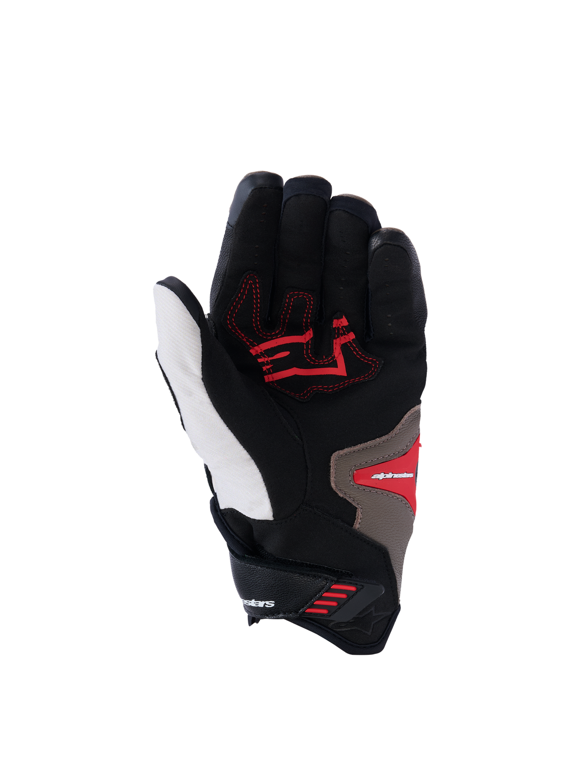 Gants Alpinestars SP-R Pro, vue de la paume, coloris Walnut Mastic Black, avec inserts de préhension rouges sur une base noire et blanche avec des accents mastic, gants de moto sport à manchette courte avec paume renforcée et design ergonomique.