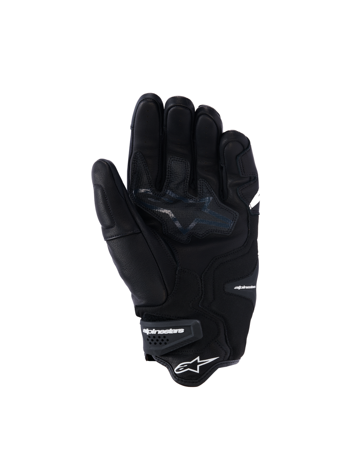 Gants Alpinestars SP-R Tech, gants de moto en cuir noir, vue de la paume montrant les zones de préhension renforcées et le logo étoile, poignet élastiqué avec logo Alpinestars, équipement de conduite sportive avec construction en cuir de chèvre