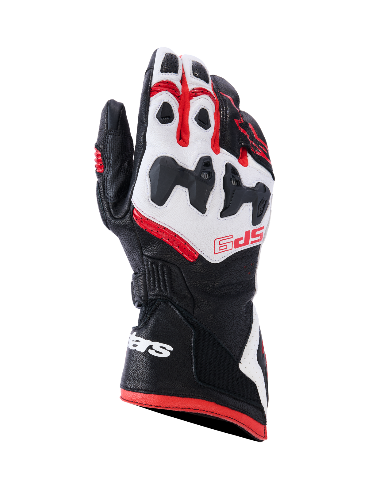 Alpinestars SP-9 Gloves, Motorcycle Racing Gloves, Black White and Bright Red, featuring SP-R divided knuckle protection, perforated goat leather, red SP-9 branding on the backhand, and white logo on the long dual-closure cuff.