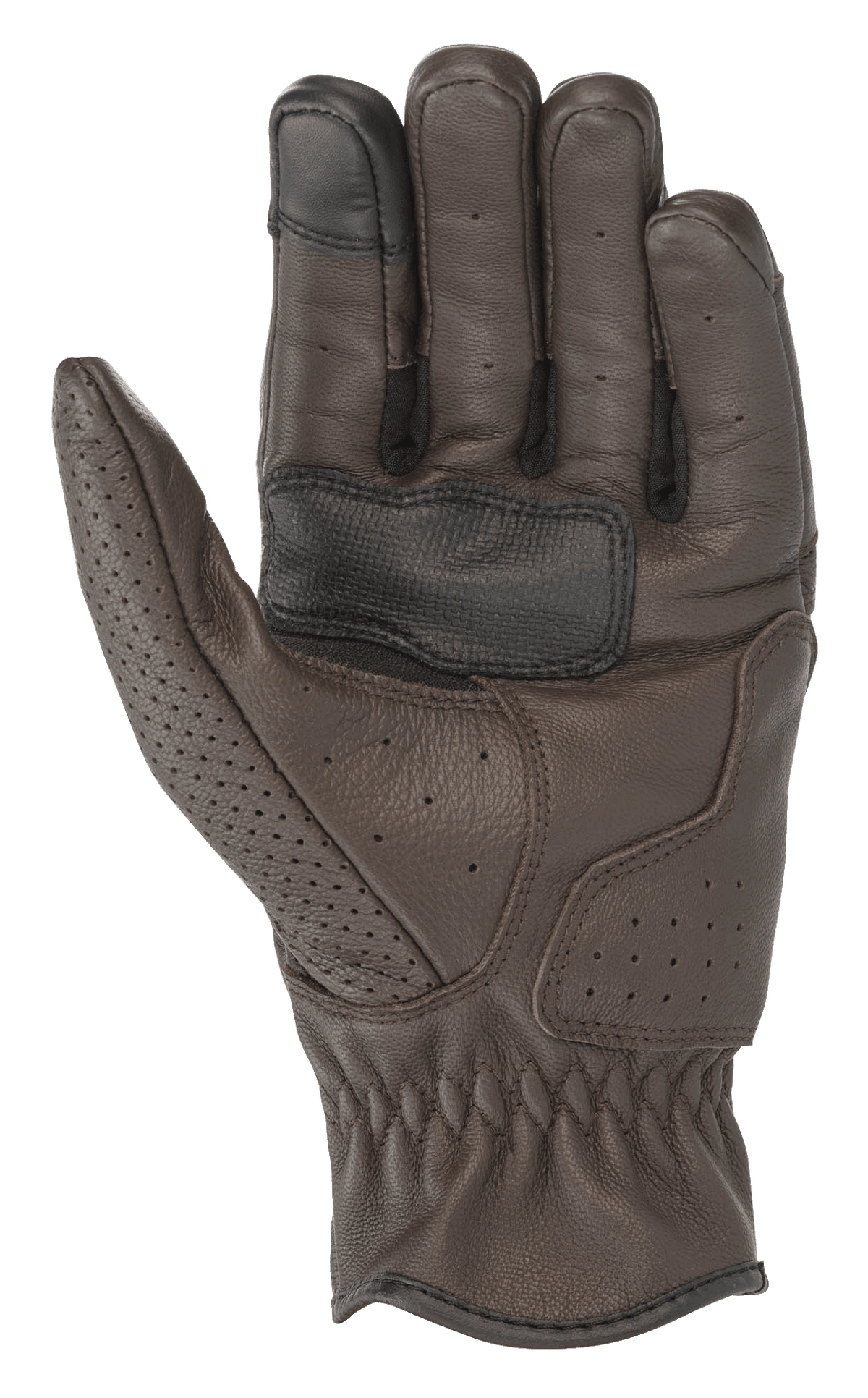 Gants en cuir Alpinestars Rayburn V2, Brun Tabac, vue de la paume, construction en cuir de première qualité avec perforations localisées, paume renforcée pour l'adhérence et bout du doigt compatible avec les écrans tactiles, équipement de moto urbain d'inspiration héritage