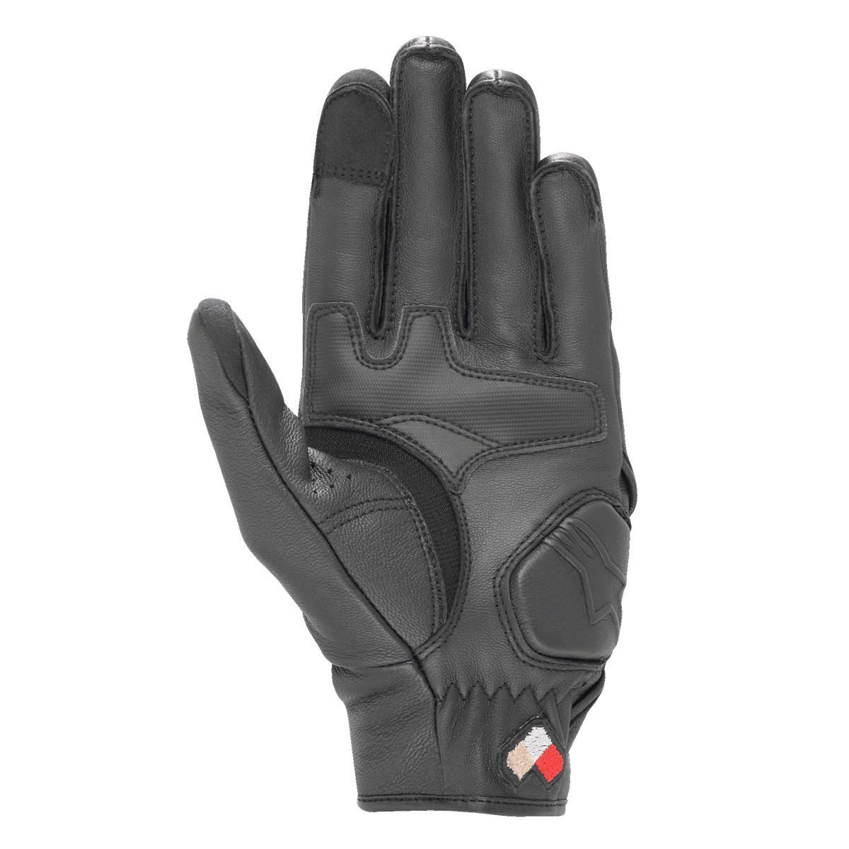 Gants en cuir Alpinestars Dyno, Noir, vue de la paume montrant les renforts rembourrés et la construction en cuir de chèvre, bouts des doigts compatibles avec les écrans tactiles, gants de route à manchette courte pour un usage urbain