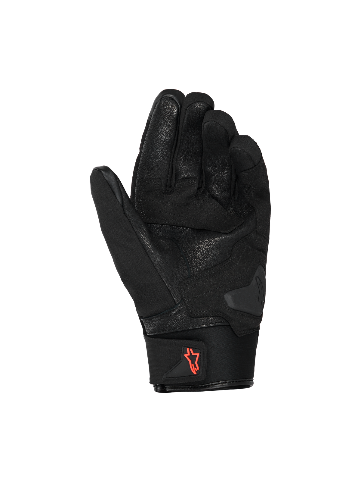 Gants Alpinestars SP X Z Waterproof, gants de moto, noir avec logo rouge fluo, vue de la paume montrant la construction en cuir et les zones de préhension renforcées, manchette en néoprène avec languette de traction, équipement de route haute performance