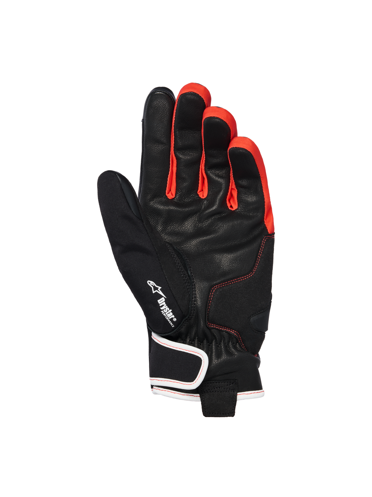 Gants imperméables Alpinestars Moblast, Noir Anthracite Orange, vue de la paume montrant la construction en cuir de chèvre, logo Drystar, touches d'orange vif entre les doigts, design à manchette courte avec fermeture au poignet bordée de blanc