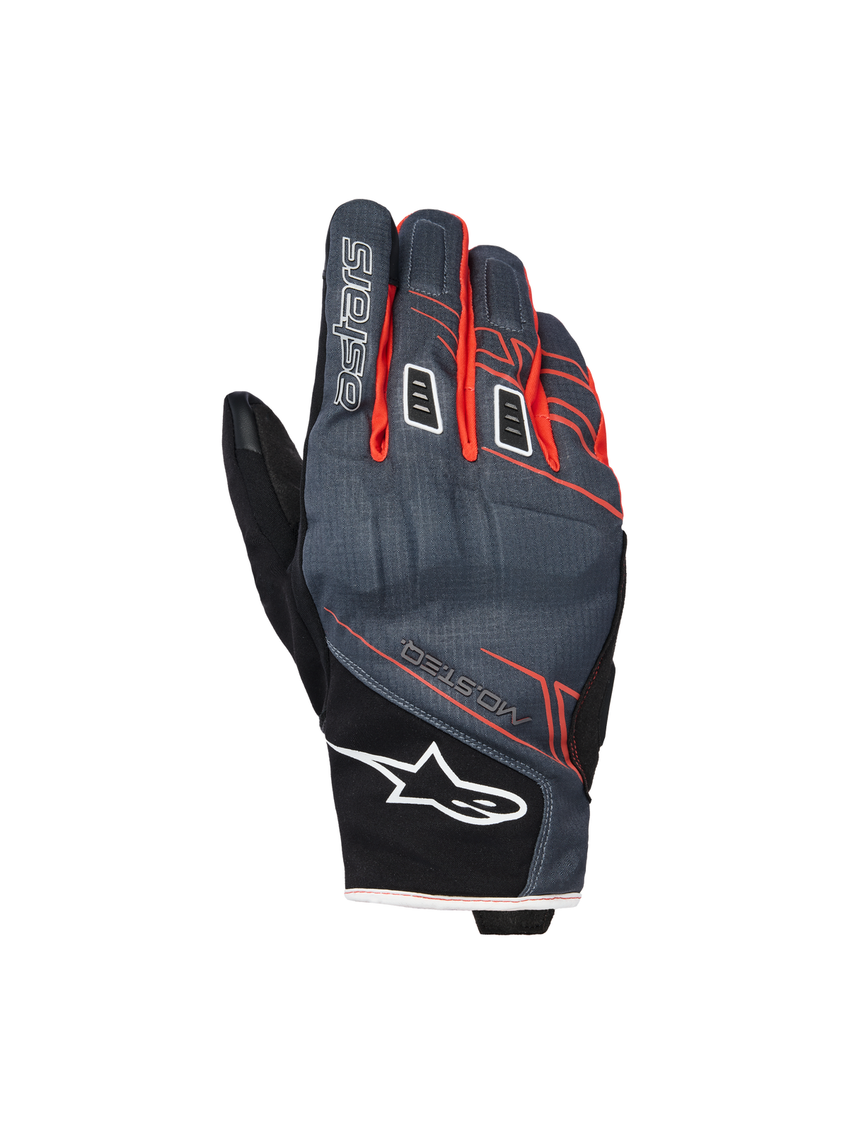Gants imperméables Alpinestars Moblast, gants de moto, anthracite et noir avec des accents orange, design à manchette courte avec graphismes linéaires rouge-orange, logo étoile Alpinestars blanc sur la manchette et marquage « astars » sur le doigt, dos en textile technique pour une protection par tous les temps