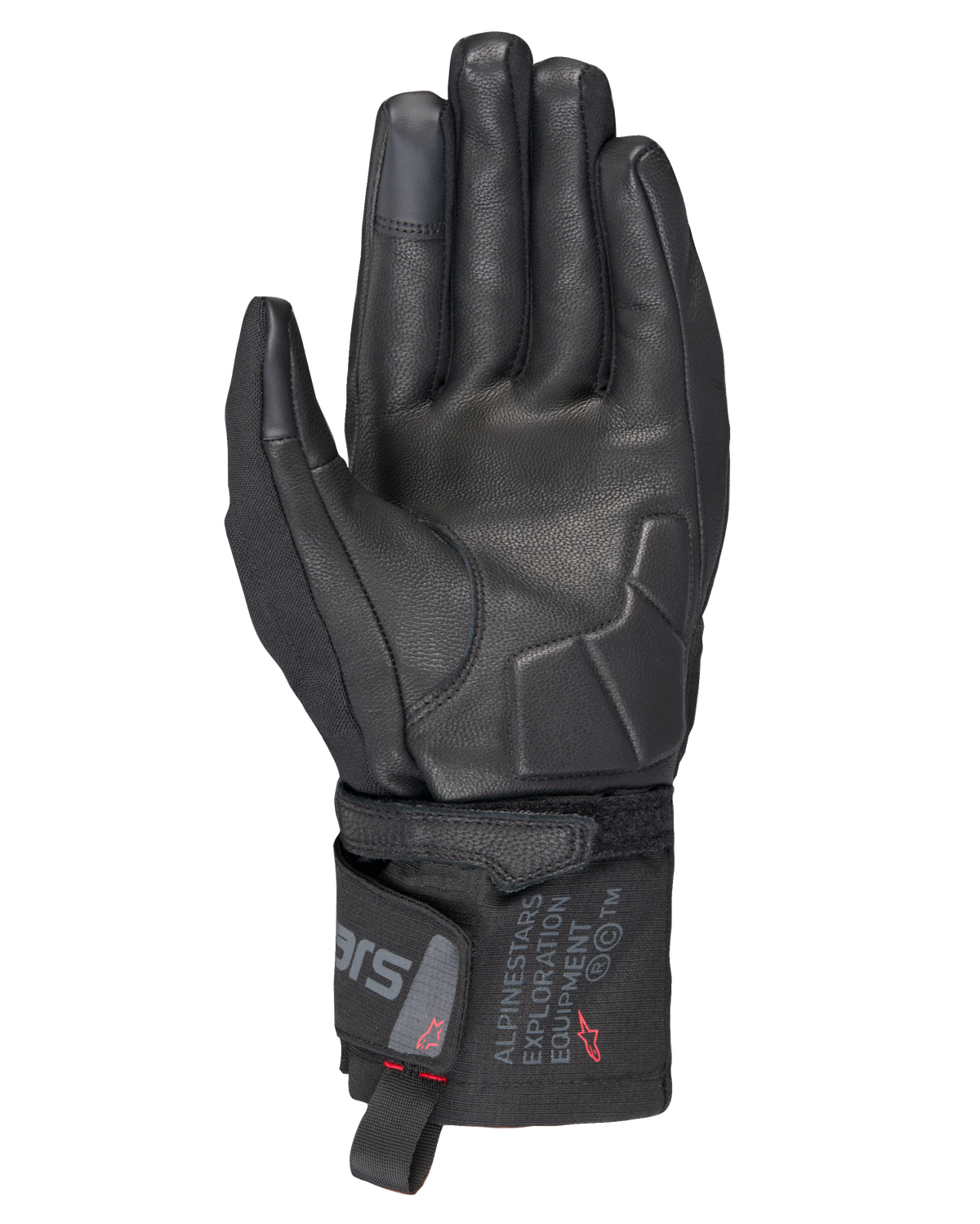 Gants thermiques Alpinestars WT-3 Drystar®, gants de moto noirs, vue de la paume montrant le renfort en cuir et la paume rembourrée, manchette mi-longue avec marquage Alpinestars Exploration Equipment, bout des doigts compatibles avec les écrans tactiles, protection de randonnée durable par tous les temps.