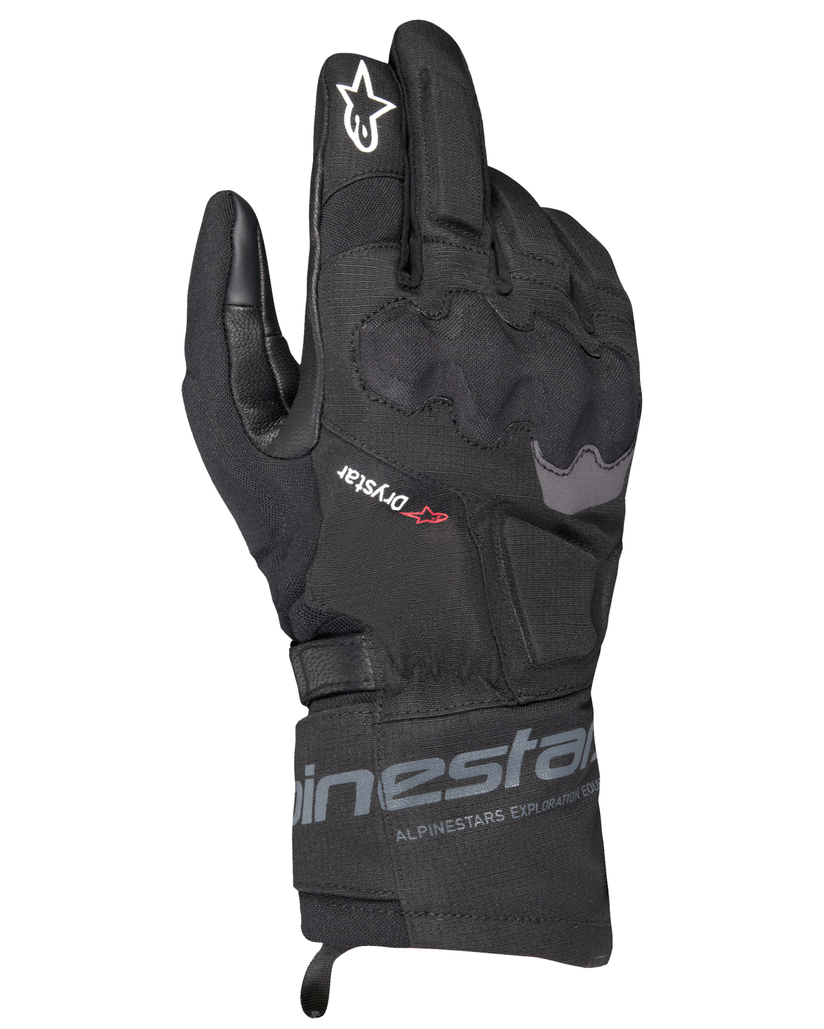 Gants Alpinestars WT-3 Drystar Thermiques, gants de moto de randonnée noirs, construction imperméable et isolée avec protection des articulations moulée, logo étoile blanche sur l'index et manchette mi-longue avec marquage Alpinestars.