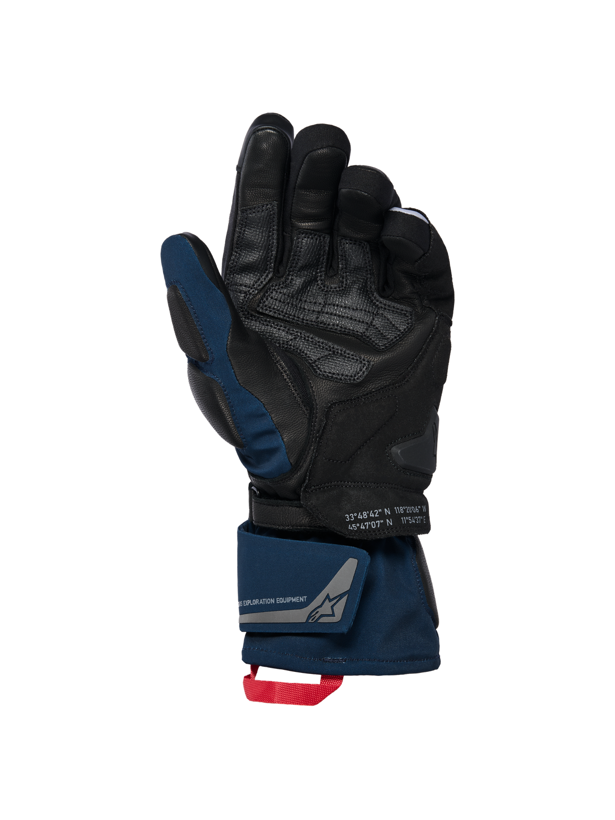 Alpinestars WT-8 GORE-TEX Insulated Gloves, Black and Dark Blue, palm view showing leather reinforcements and padded slider, long-cuff design with double wrist closure and red pull loop, featuring coordinates detailing and exploration equipment branding.