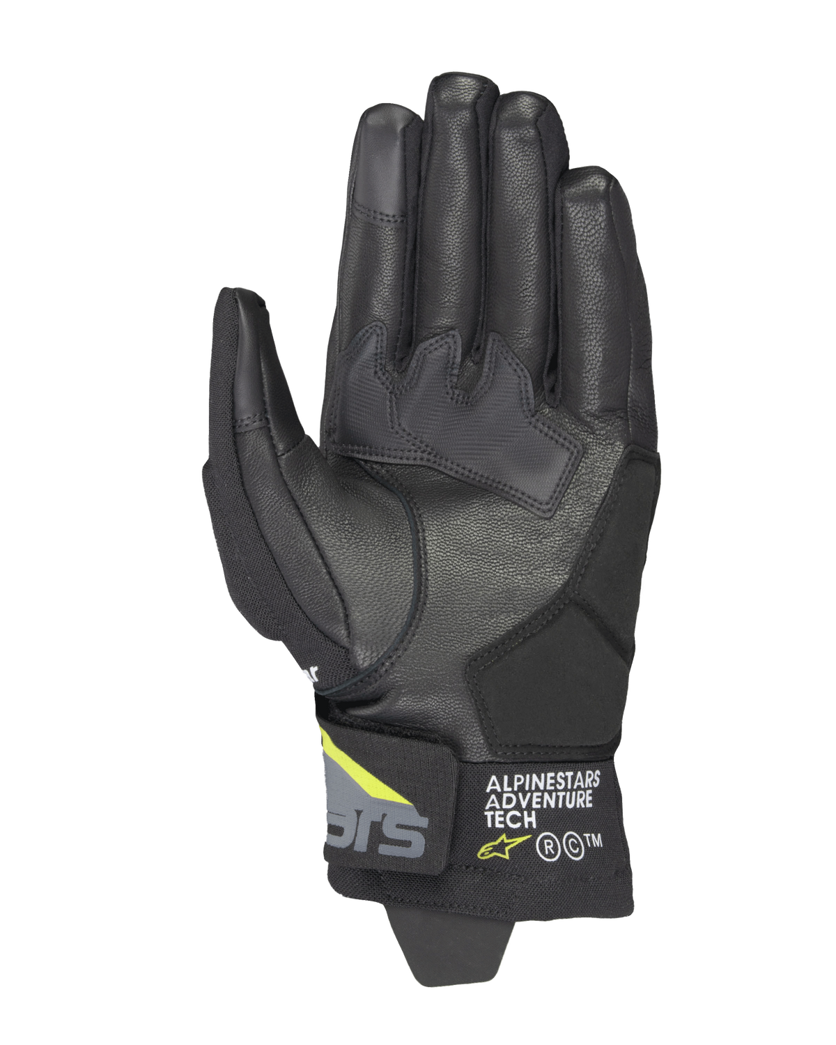 Alpinestars Corozal V3 Drystar® Gloves, Black Deep Gray and Yellow Fluo, palm view featuring leather construction with synthetic reinforcements, touchscreen-compatible fingertips, and Alpinestars Adventure Tech branding on the short cuff.