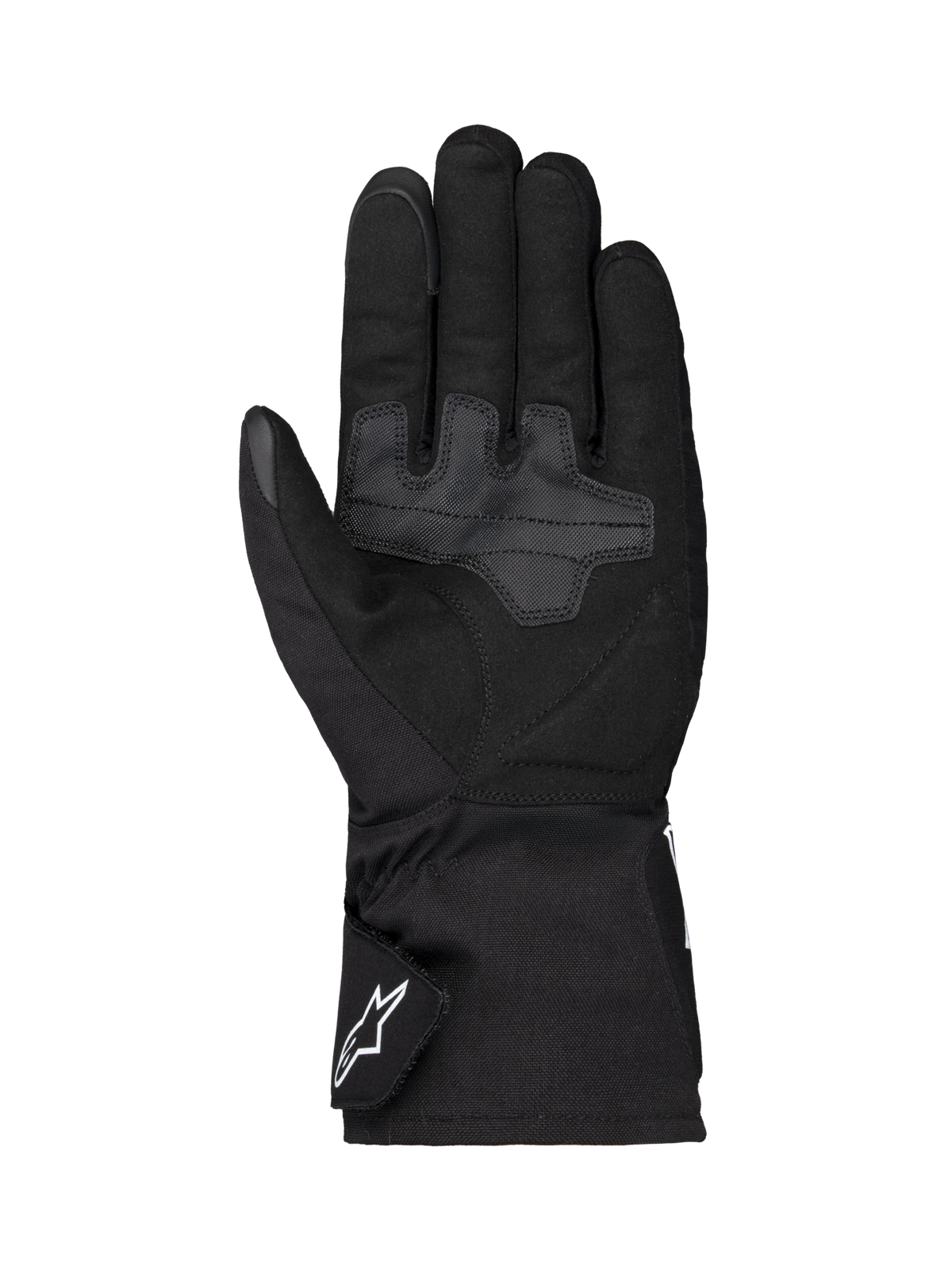 Gants Alpinestars Wt-1 Drystar® Insulated, gants de moto, noirs, vue de la paume présentant des zones de préhension en textile renforcé, manchette longue avec logo Alpinestars blanc sur la sangle, construction résistante aux intempéries pour la conduite sur route