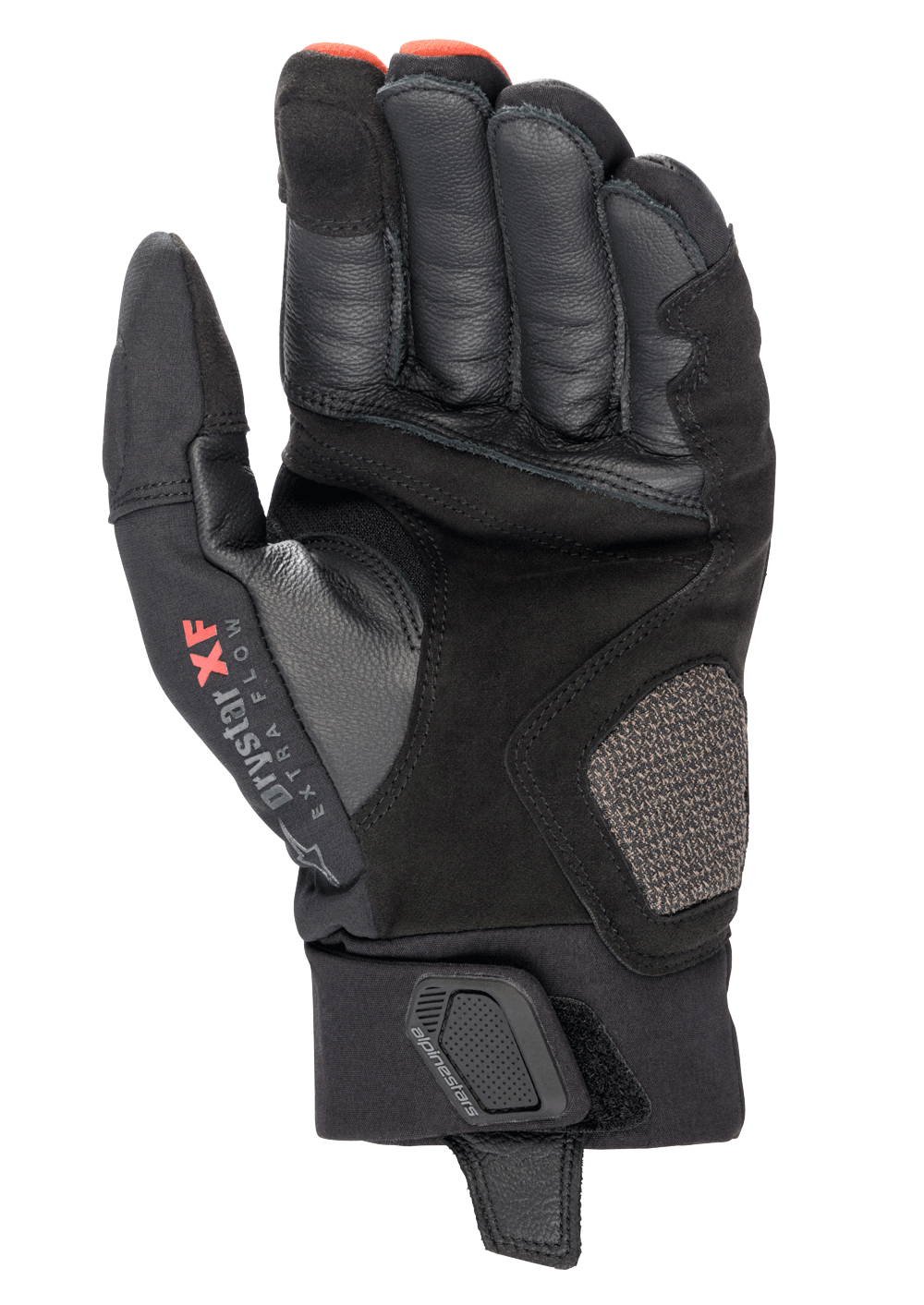 Alpinestars Hyde XT Drystar® XF Gloves, Motorcycle Gloves, Black and Fire Red, palm view showing reinforced synthetic suede construction, Drystar XF branding on the thumb area, and adjustable wrist strap