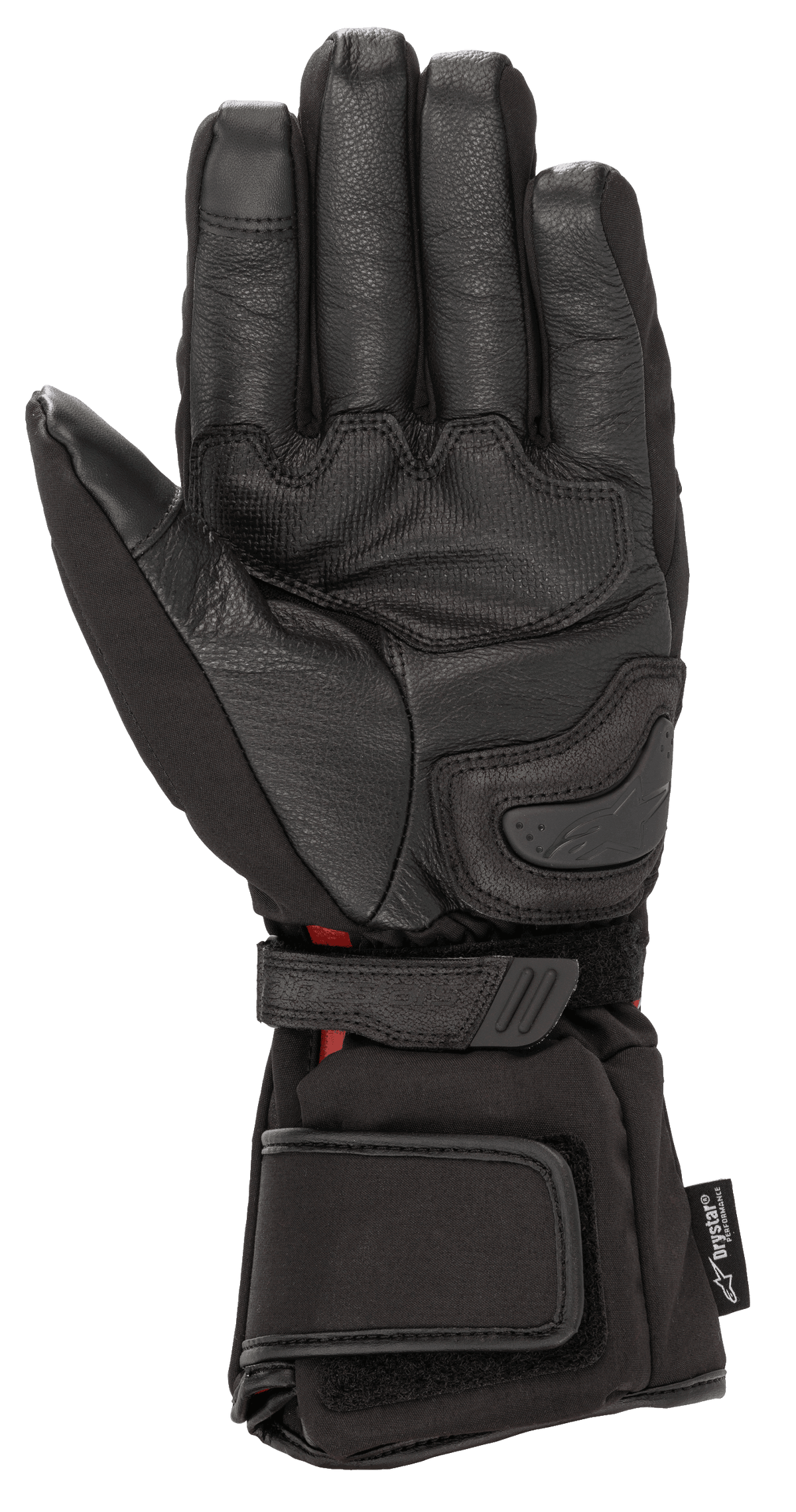 Alpinestars HT-5 Heat Tech Drystar® Gloves, Black, palm side view, featuring goat leather construction, palm slider, and adjustable wrist and cuff straps, waterproof and heated winter motorcycle touring gear