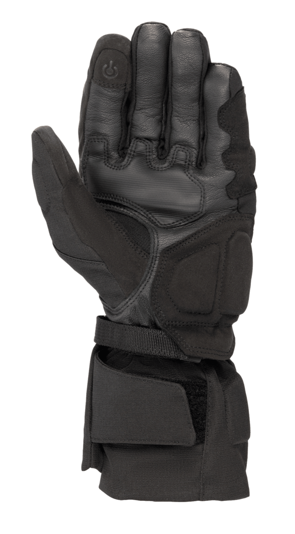 Gants Alpinestars WR-X GORE-TEX, gants de moto d'hiver noirs, vue du côté de la paume montrant la construction en cuir et daim synthétique, manchette longue avec sangle de réglage et bout du doigt conducteur compatible avec les écrans tactiles.