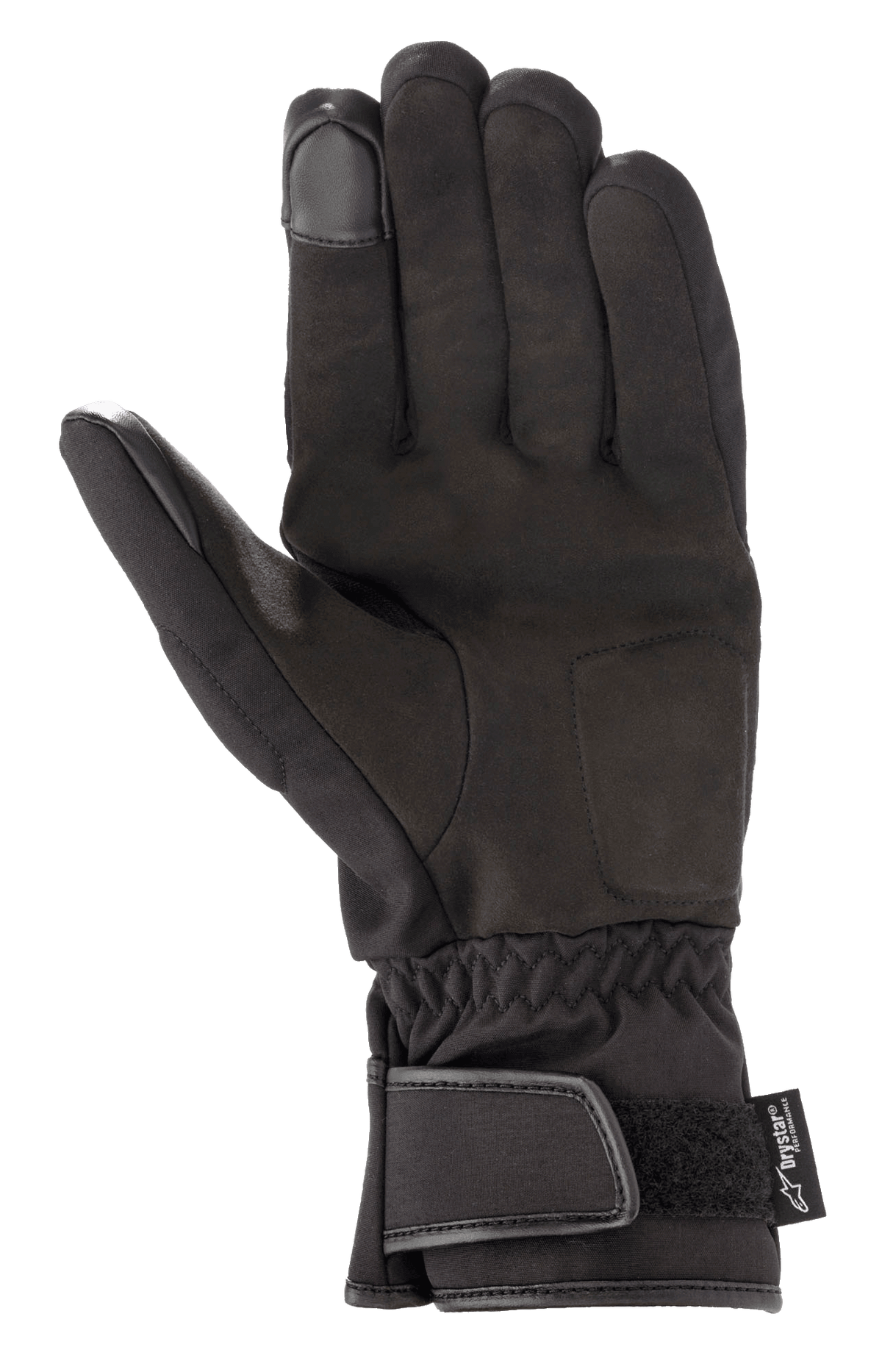 Gants Alpinestars SR-3 V2 Drystar®, gants de moto imperméables, noir, vue de la paume en cuir synthétique, manchette avec fermeture velcro et bouts de doigts compatibles avec les écrans tactiles